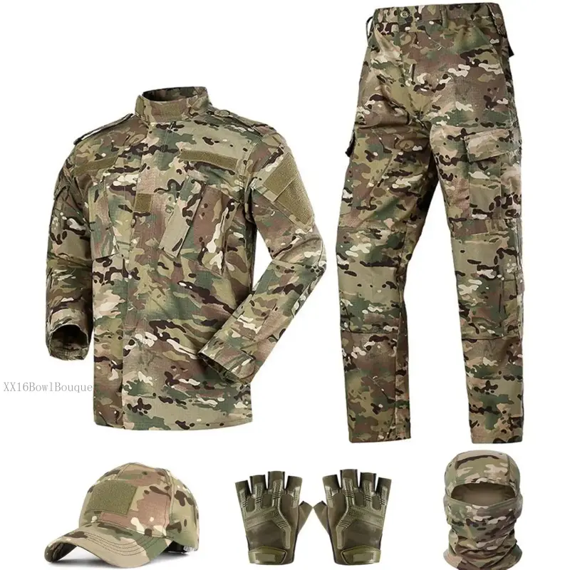 Men's Black Camo Tactical Workwear Set - Cotton Protective Combat Pants, Shirt, Cap, Gloves, Balaclava, Menswear with Pockets for Airsoft Military Use (Velvet Bloom15), ClothesXX16BowlBouquet