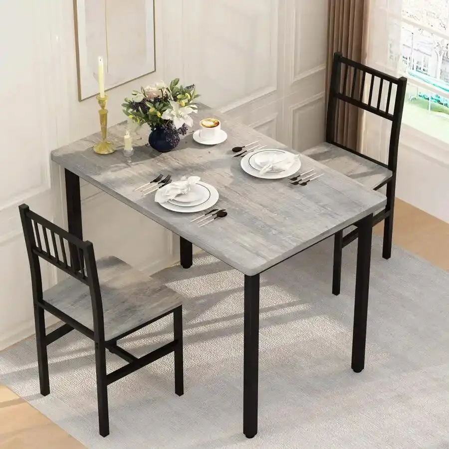 Classic Sturdy 3-Piece Rectangular Small Industrial Dining Breakfast Set - MDF & Steel Table with 2 Chairs, For 2, Ideal for Small Space Living Room Apartment Kitchen