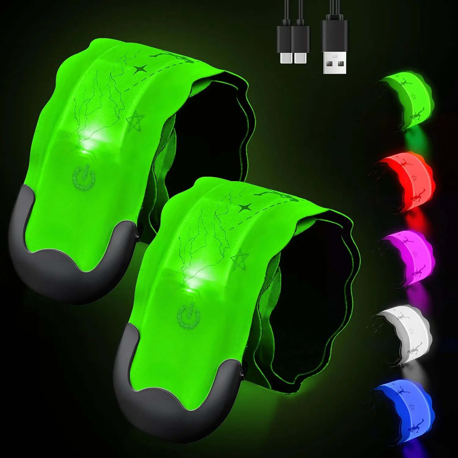 Rechargeable LED Armband 2-Pack, High Visibility Running Gear for Night Safety, 5 Colors & 3 Modes Light Up Wristbands for Night Walking, Cycling,  for Women Men
