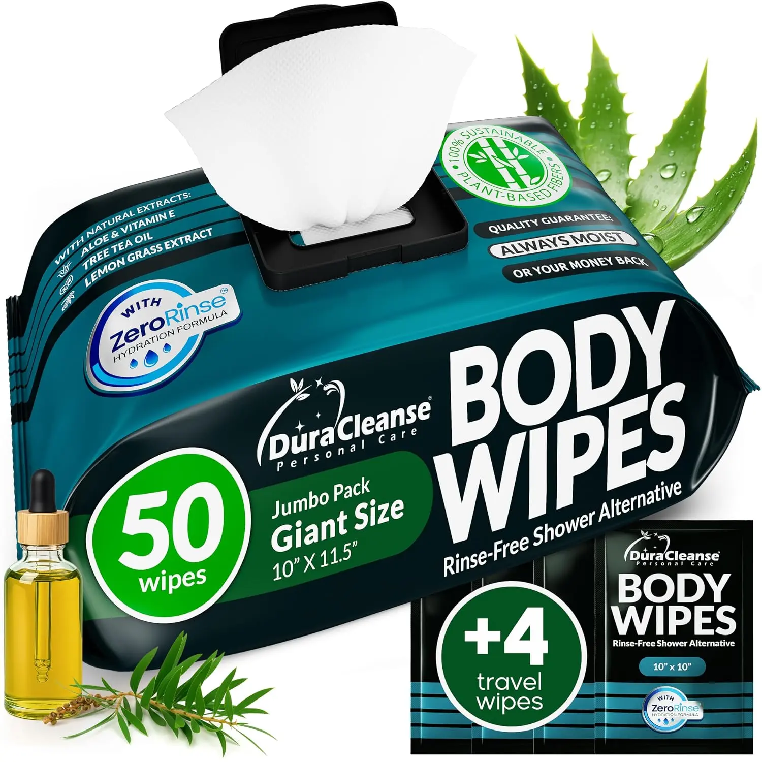 XL Body Wipes for Men - 50 No Rinse Shower Sheets + 4 Travel Bath Sachets - 10 x 11.5" After Gym Mens Deodorant Wipes - Adult Disposable Washcloths, Face Towels for Camping & Gear