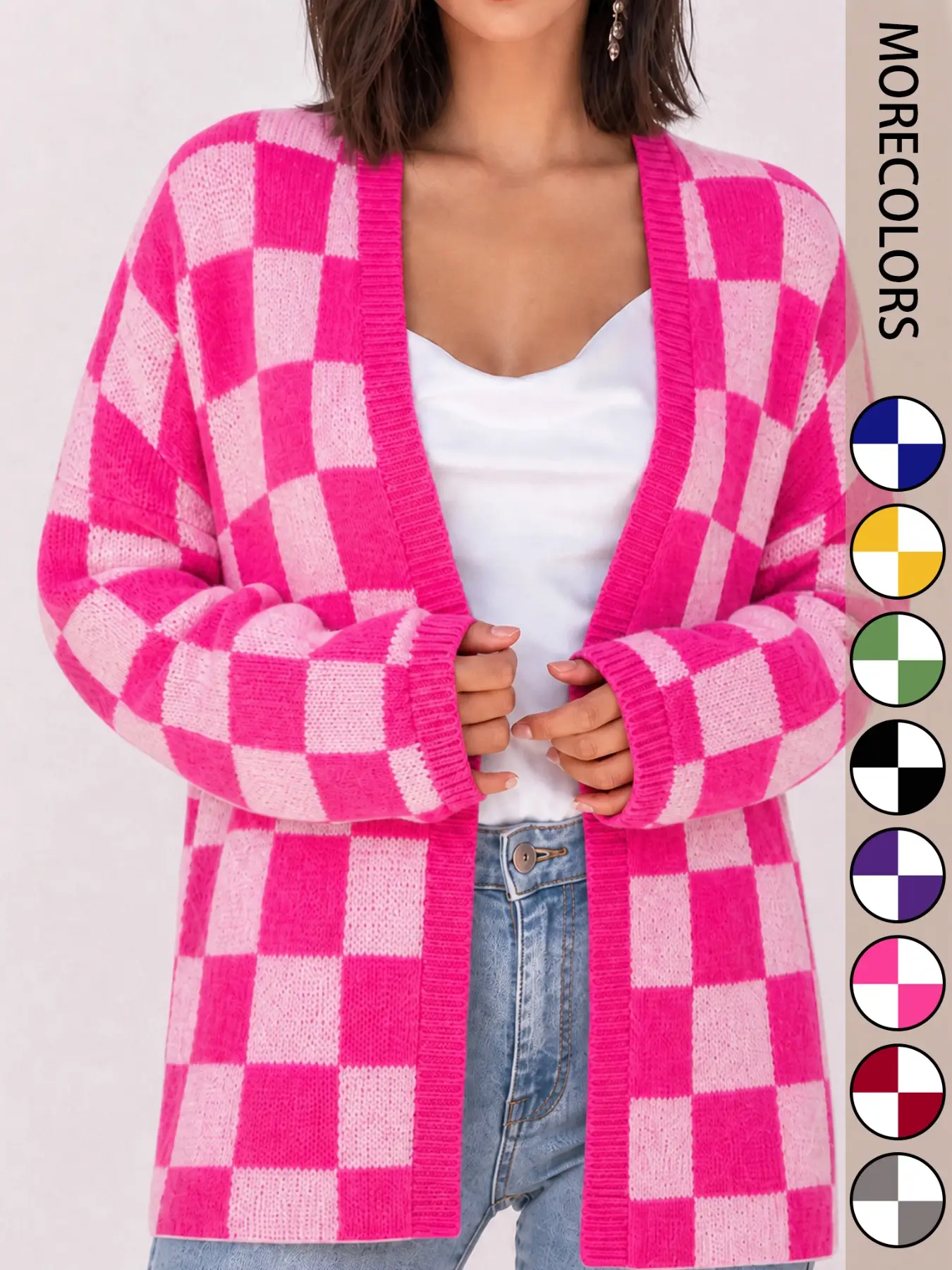 Plus Size Women's Checkered Knit Cardigan, V Neck Open Front Loose Long Sleeve Sweater Coat, Fall Winter Casual Plaid Print Outerwear