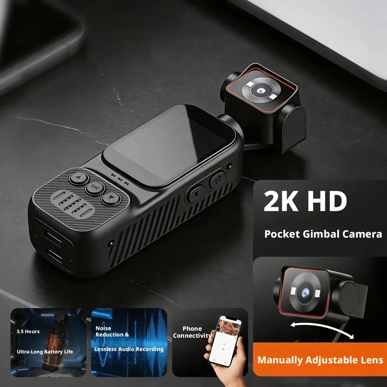 Pocket Mini Wearable Sports Camera, Portable Gimbal, Rotatable Camera, 2k HD Resolution, Long Battery Life, Flashlight, Image Stabilization, Thumb Action Camera, Adjustable Camera
