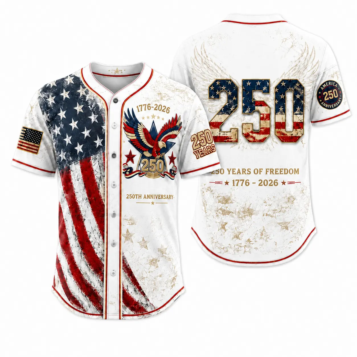 Men's USA 250th Anniversary Baseball Jersey Patriotic American Flag Eagle Button Down Shirt 1776-2026, Vintage Distressed 4th of July Independence Day Graphic Tee, Unisex Casual Sports Top for Men Women, White
