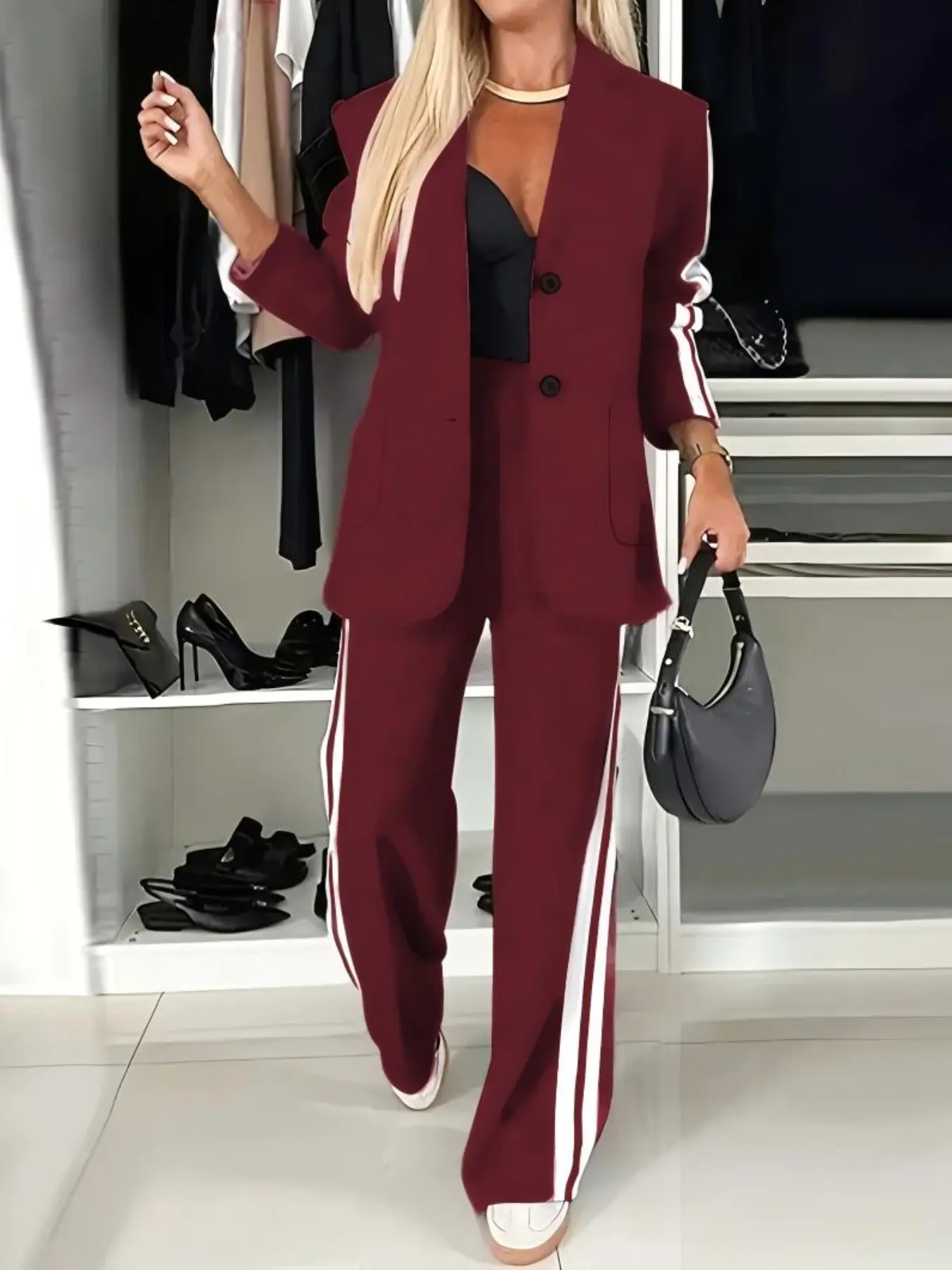 Women's 2-Piece Set Casual Blazer and Pants, Loose Fit Long Sleeve Single Button, Spring & Fall Office Wear, Striped Pattern
