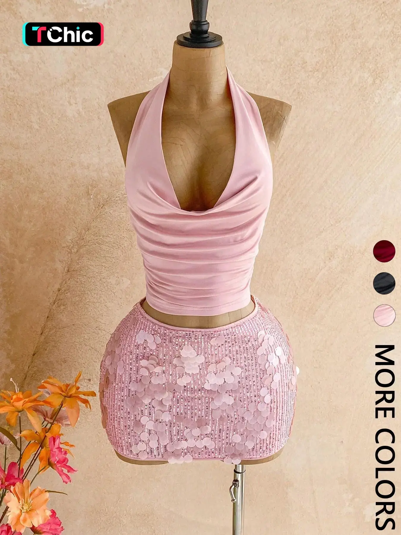 Elegant Party Set, Halter Neck Top & Sequin Rhinestone Mini Skirt, 2-Piece Glamorous Ensemble for Special Occasions