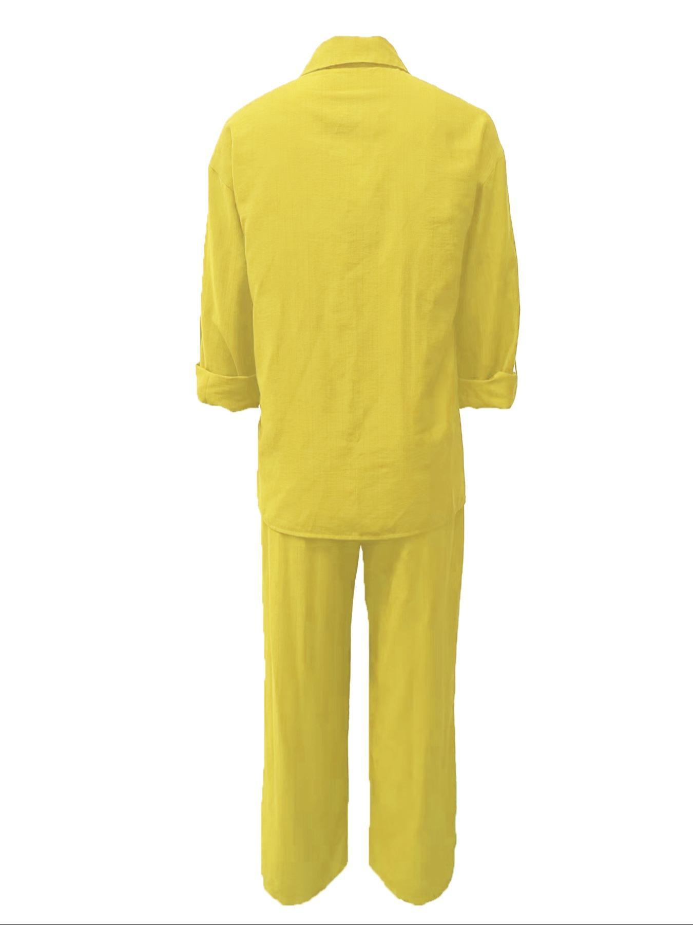 Women's Solid Color Long Sleeve Shirt & Wide Leg Pants Set, Casual Fashion Cozy Breathable Loungewear Homewear Two-piece Outfits for Daily Outdoor Wear, Women Clothes Womenswear for Spring Fall, Lady Co Ord Set