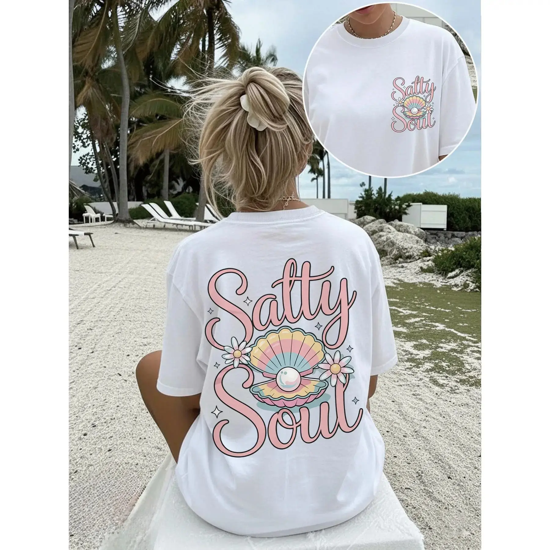 Women's Salty Soul Seashell Double-Print Cotton Tee - Crew Neck, Drape Fabric, Everyday Fit, Pastel Beach Shell Floral Casual Summer Vacation Sports Top
