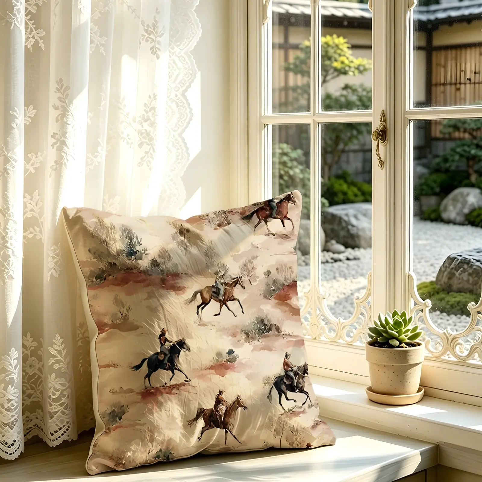 Western Cowboy Watercolor Print Throw Pillow, Decorative Accent Pillow Cushion Includes Pillow Core, Soft Digital Printed Farmhouse Decor Pillow for Sofa Couch Bedroom Cabin, Vintage Rustic Horse Pattern Home Decor Gift for Western Style Lovers
