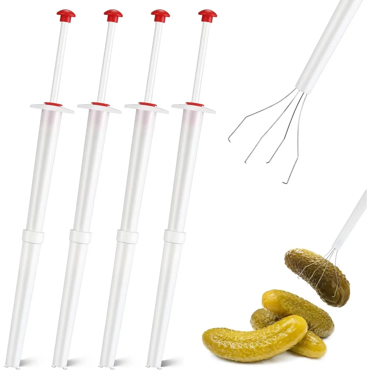meekoo Set of 4 Pickle Grabber Tool Stainless Steel and Plastic Pickle Picker Grabber 8 Inch Deluxe Olive Picker Pincher Tool Jar Fork for Kitchen Food Olive Pepper, White