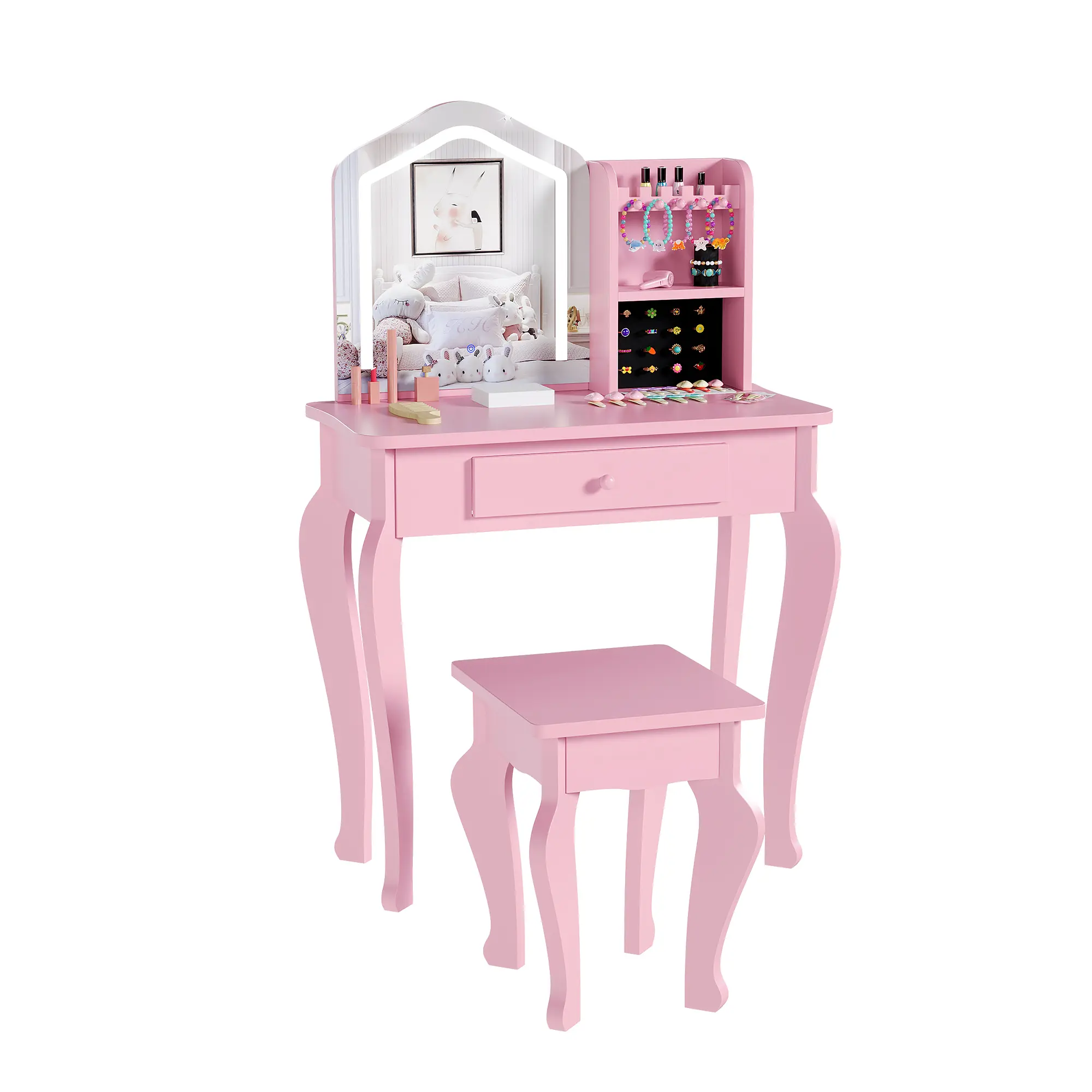 Kids Lighted LED Vanity Set with Stool – Wooden Makeup Table for Girls 3-8, with Storage Drawer – Great Gift for Bedroom/Playroom