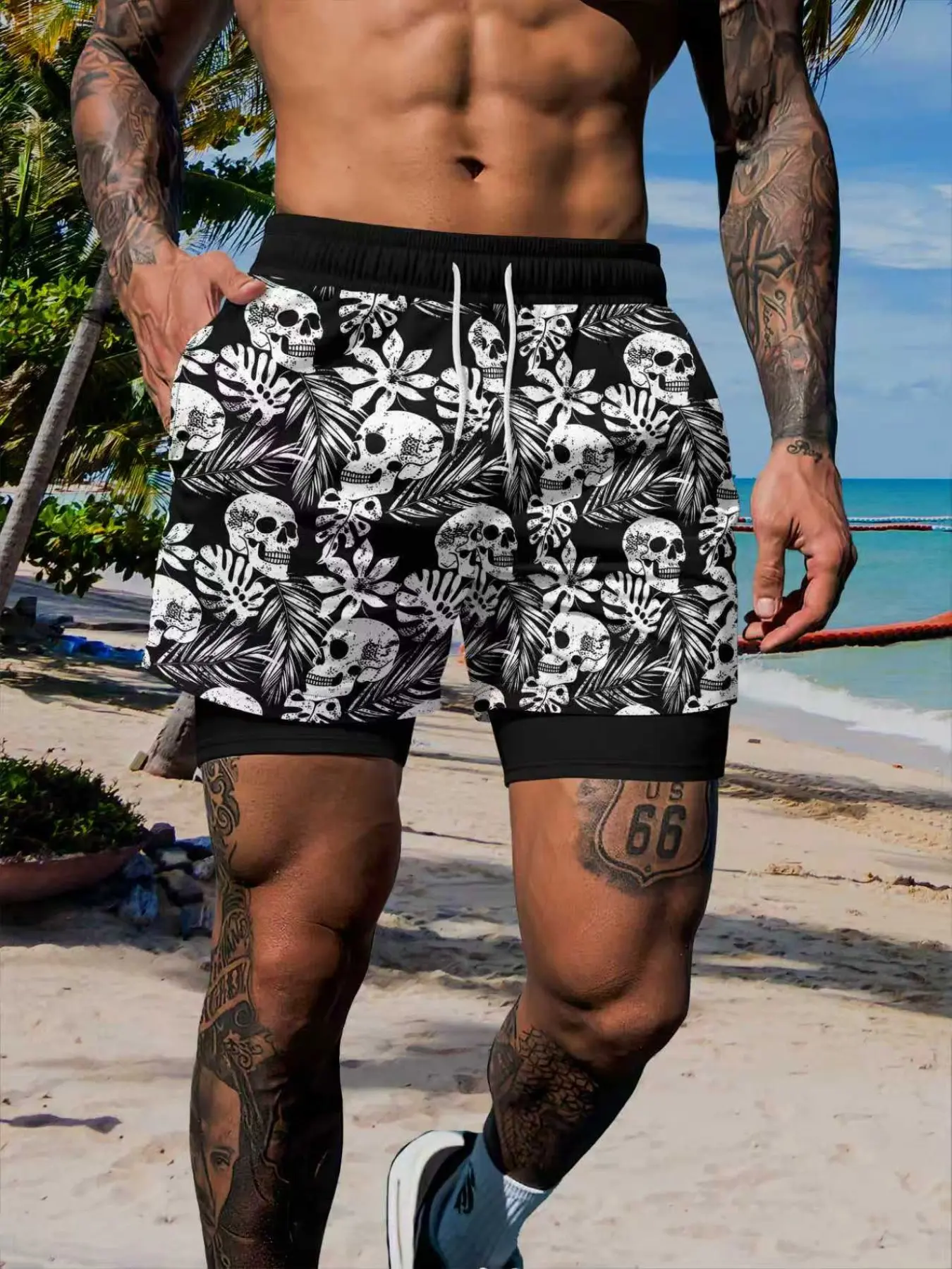 Men's Double-Layer Anti-Wear Inner Lining Beach Shorts, Skull/mushroom/anime/raccoon/palm Leaf Print, Drawstring Waist, Quick-Dry Summer Surfing Swimwear, Swimming Shorts
