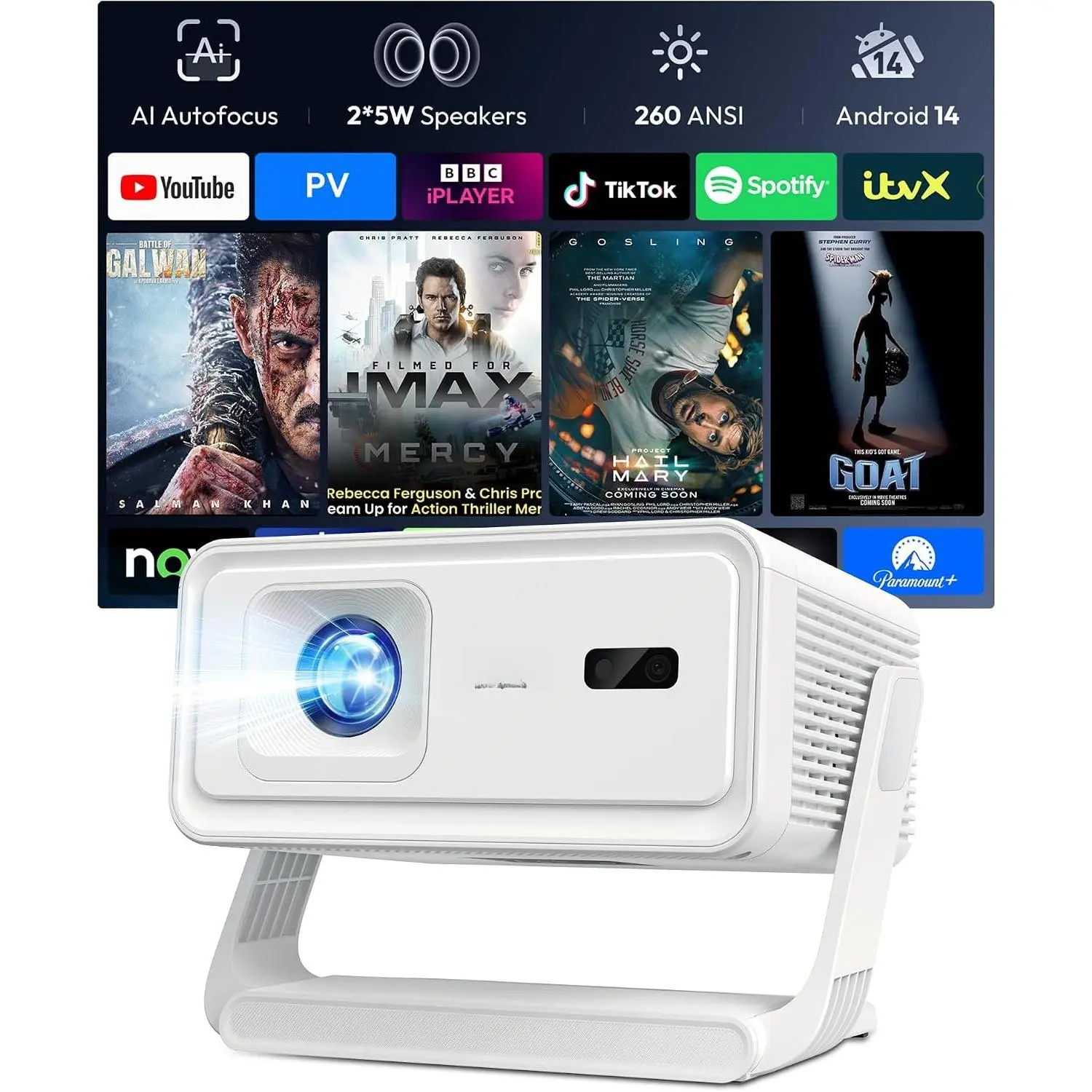 Projector with WiFi and  Supports 4K 1080P Portable  Projector,  Gimbal A1 Auto Focus, 6D Auto  Correction, 180° Rotation, Android 14  Theater Movie Projector