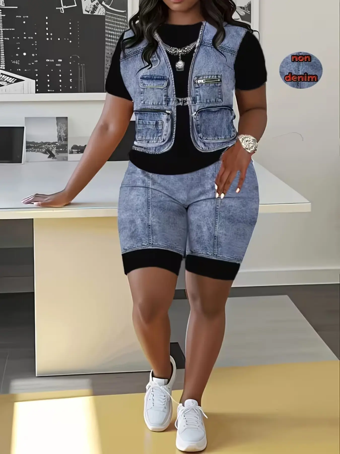 Women's Denim Print Short Sleeve Set, Casual Two-Piece, Everyday Wear Fashion Ensemble, Comfortable & Stylish Ladies' Clothing