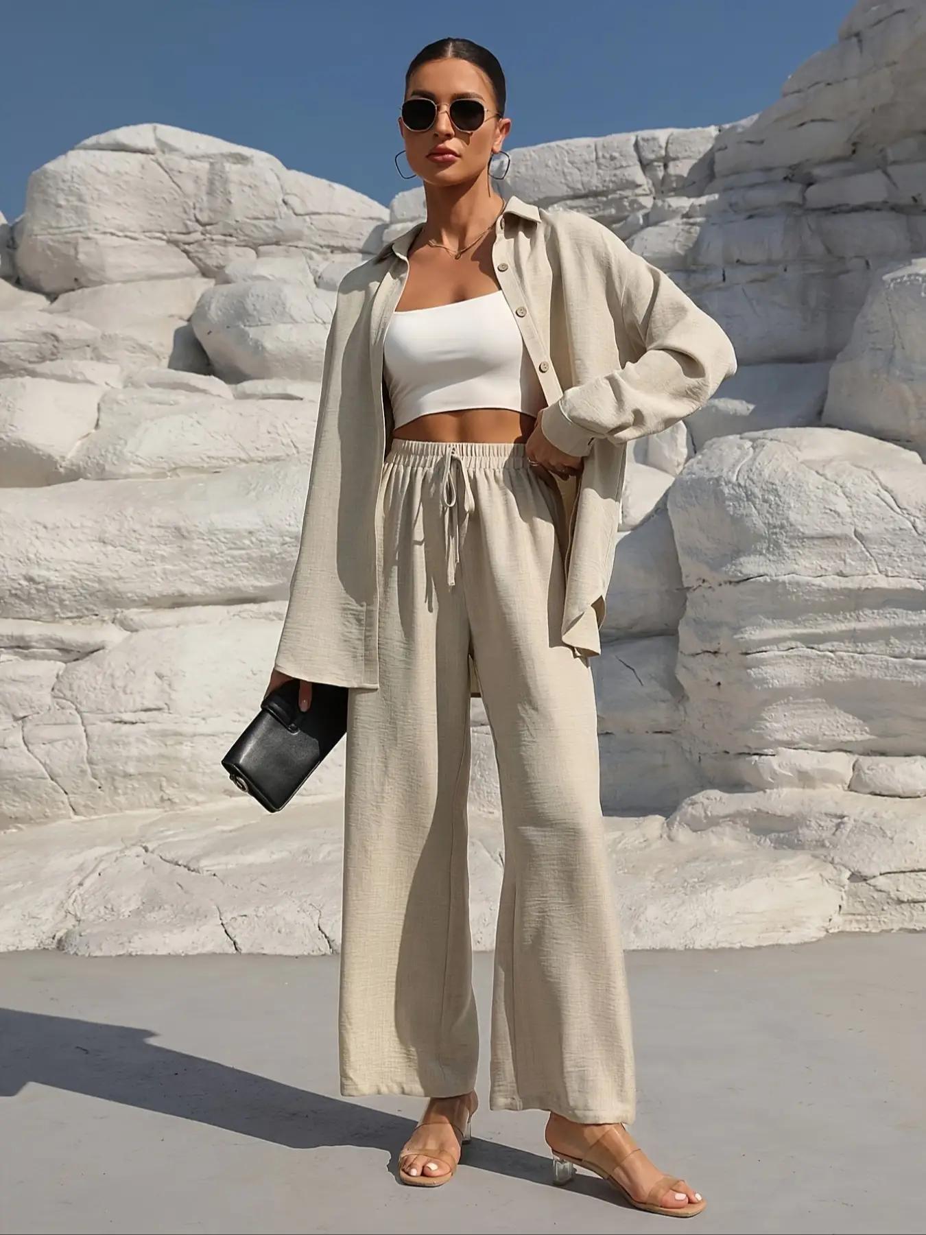 Women's Solid Button Front Shirt & Tie Front Wide Leg Pants Two-piece Set, Casual Drop Shoulder Long Sleeve Top & High Waist Trousers 2 Piece Set for Spring & Fall, Women's Clothes for Daily Wear, Linen Set, Womenswear