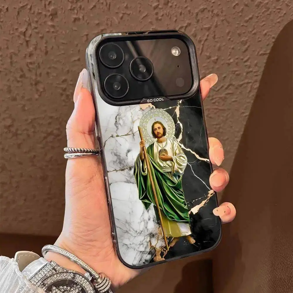 M-Marble San Judas Tadeo Cartoon Phone Case, TPU Shockproof Full Coverage Back Cover for iPhone 17,16,15,14,13,12,11 Pro Max Plus & Various Models of Samsung S26,S25,S24,S23 FE Plus Ultra (Black)