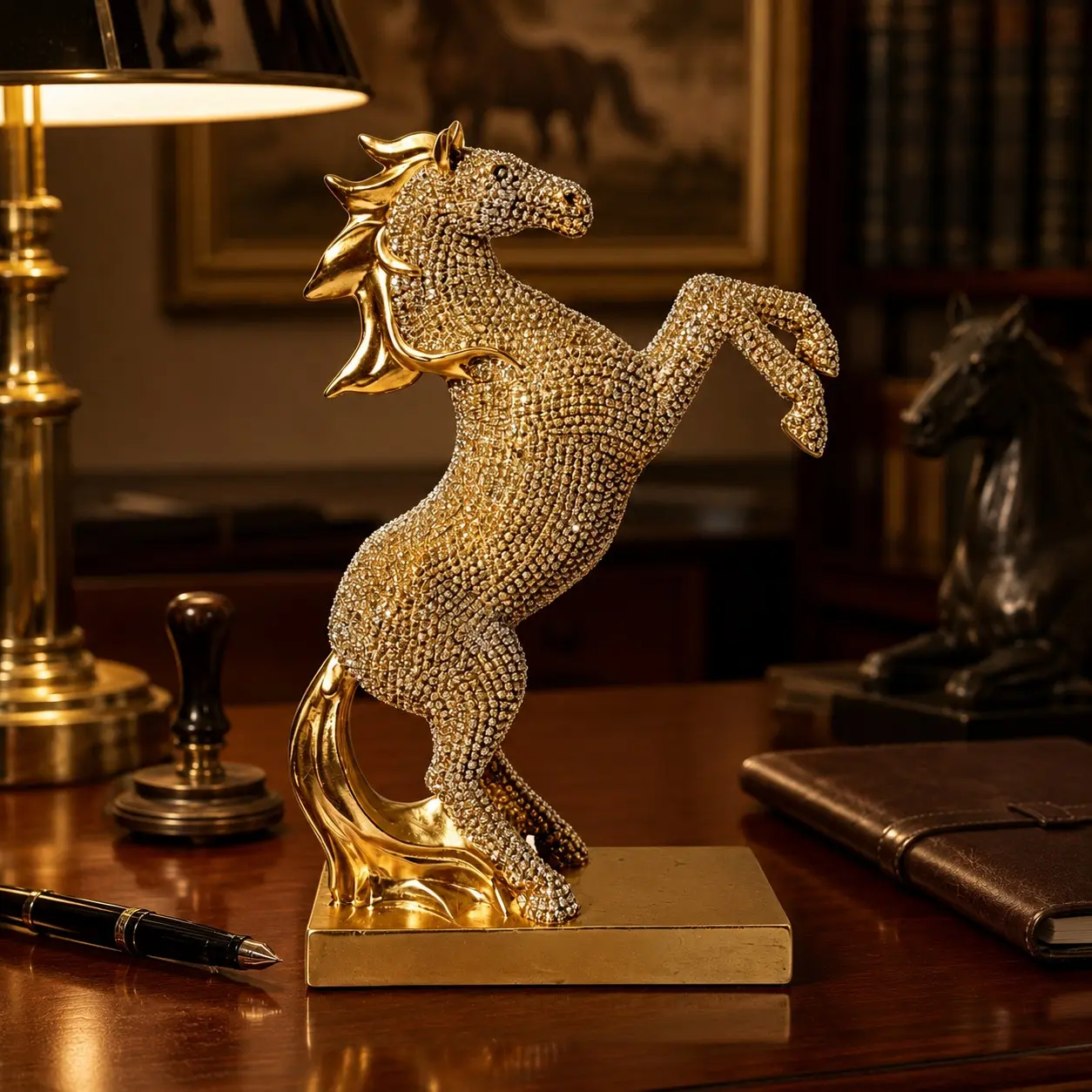 Luxury Horse Sculpture, Decorative Sculptures, Rhinestone-Embedded Resin Art Piece, Resin Statue, Office Desk Decor, Business Gift for Opening Ceremony
