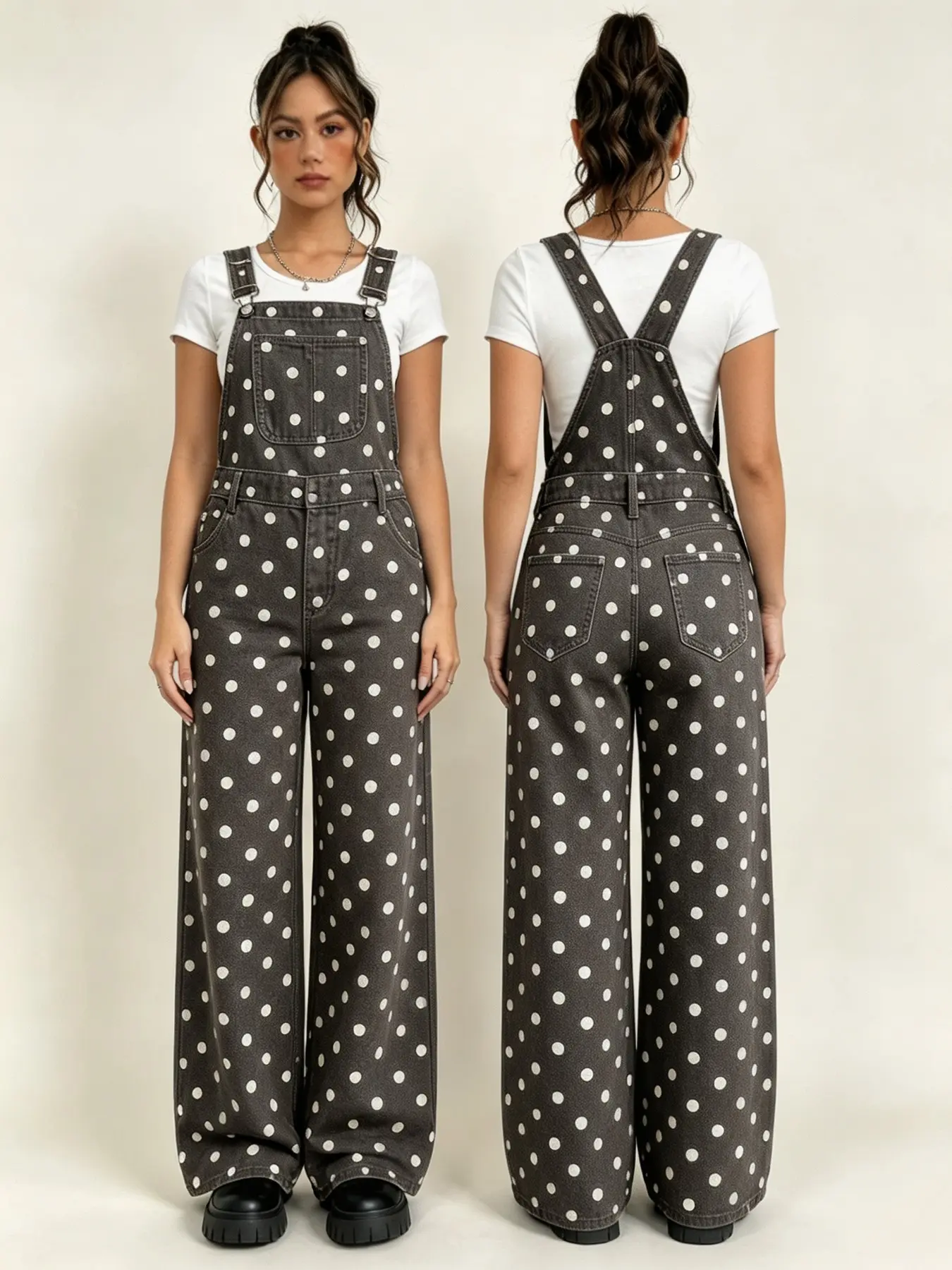 2026 New Summer Women's Retro Polka Dot Denim Bib Overalls Pants, Baggy Loose Wide Leg American Casual Workwear Straight Leg Long Pants, Everyday Wear Commute Holiday Travel