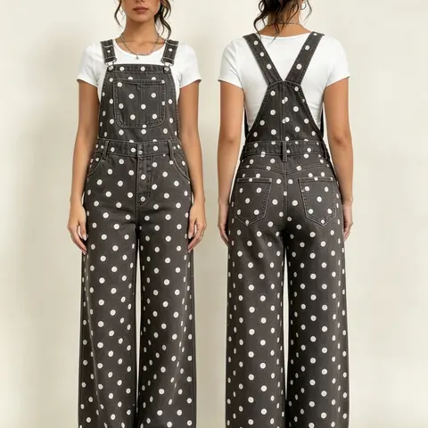 2026 New Summer Women's Retro Polka Dot Denim Bib Overalls Pants, Baggy Loose Wide Leg American Casual Workwear Straight Leg Long Pants, Everyday Wear Commute Holiday Travel, Loose Fit Overall