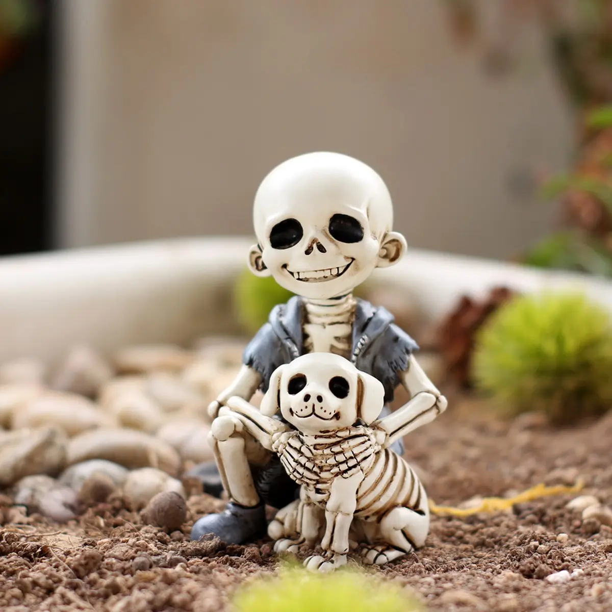 Skeleton Boy and Pet Dog Statue, Memorial for Lost Dogs, Halloween Decor, Outdoor Garden Sculpture, Handmade Resin Art Piece