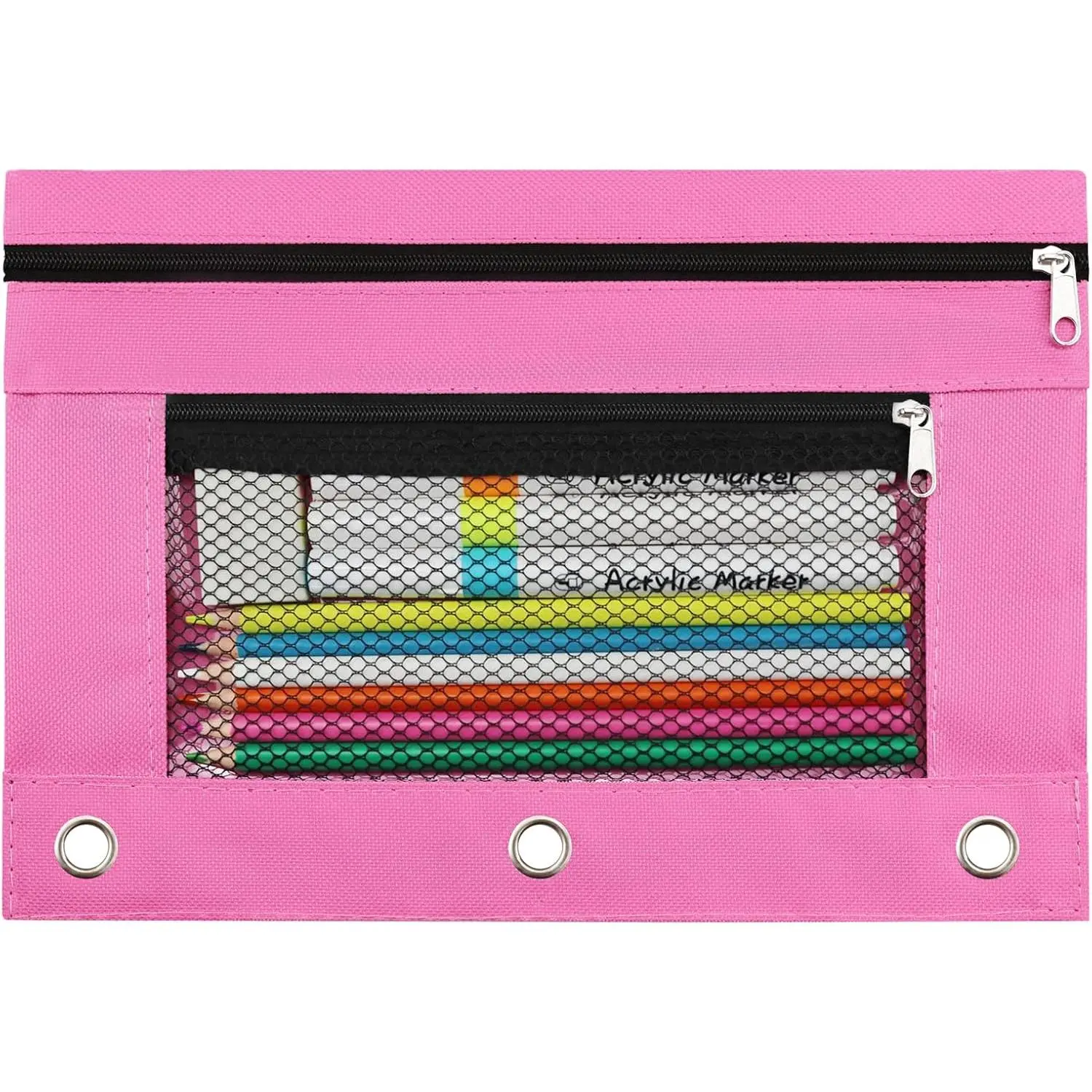 3 Ring Pencil Pouch for Binder, 2-Pocket Zipper Pencil Case with Clear Window & Mesh Pocket, Heavy Duty 600D Oxford Fabric Binder Pouch for School Office Supplies, Fits Standard 3-Ring Binders,