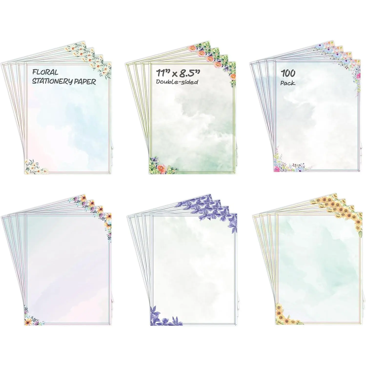 Aged Look Floral Letter Writing Stationery Paper - 100 Sheets, 8.5x11 in Letter Size, 6 Double-Side Designs, Printer-Friendly Office Stationery for Office Use