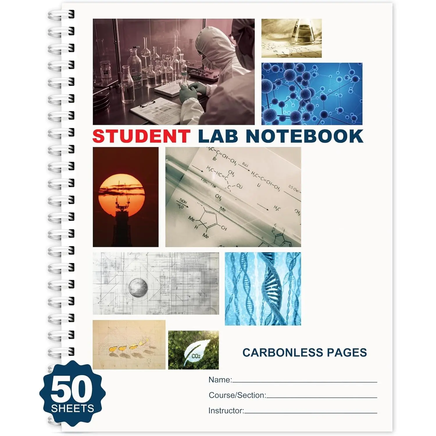 Carbonless Lab Notebook - 8.5" x 11" Chemistry Notebook with 50 Sets of Pages, Science Grid Paper, Protective Translucent Cover & Wire-O Binding, for Students/Researchers