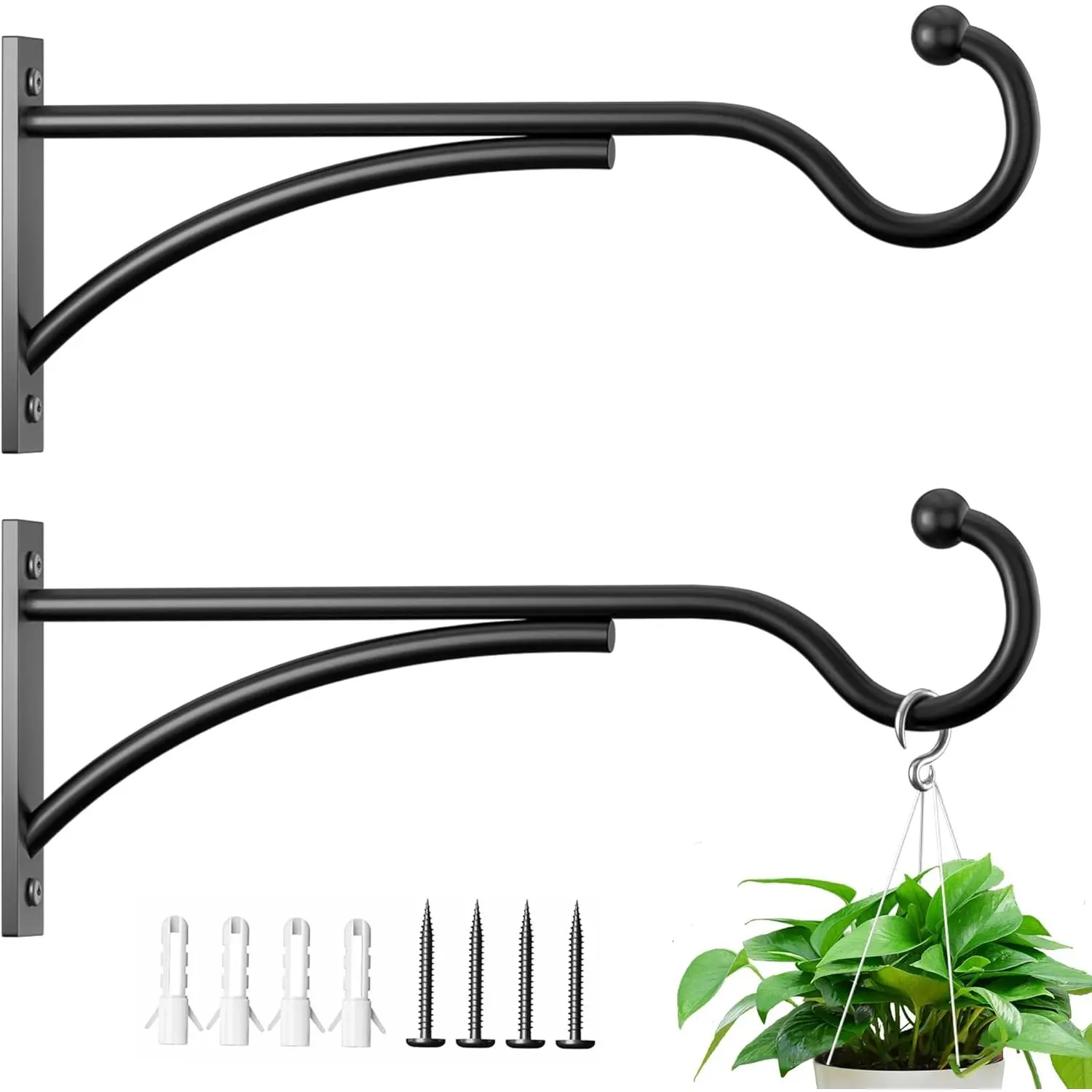 11 Inch 2 Pack Heavy Duty Plant Hangers Outdoor, Metal Plant Brackets for Hanging Baskets, Plant Wall Hooks for Bird Feeders, Wind Chimes & Lanterns, Premium Metal Hooks Matte Black, 30lbs Capacity
