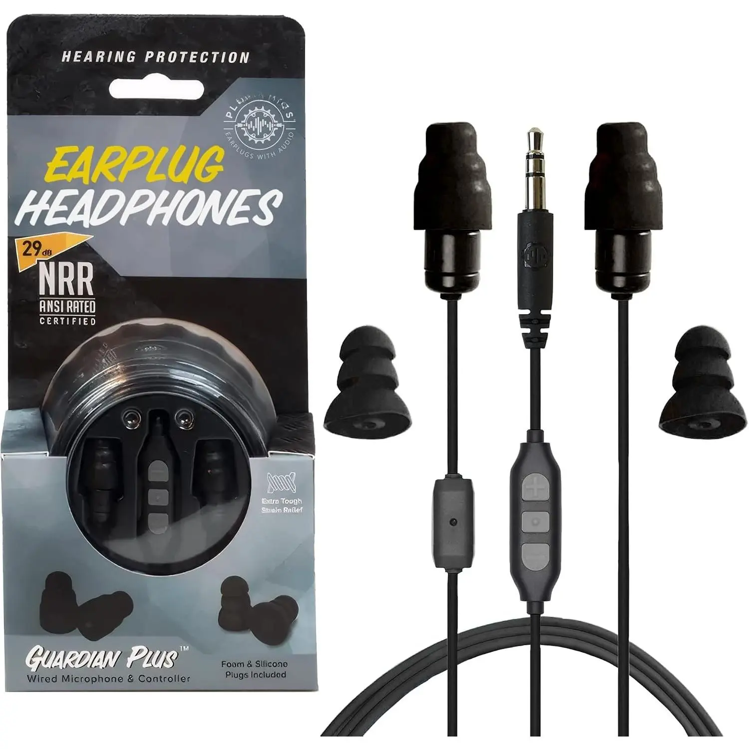 Guardian Plus in-Ear Earplug Earbud Hybrid - Noise Reduction in-Ear Headphones with Noise Isolating Mic and Controls (Black)