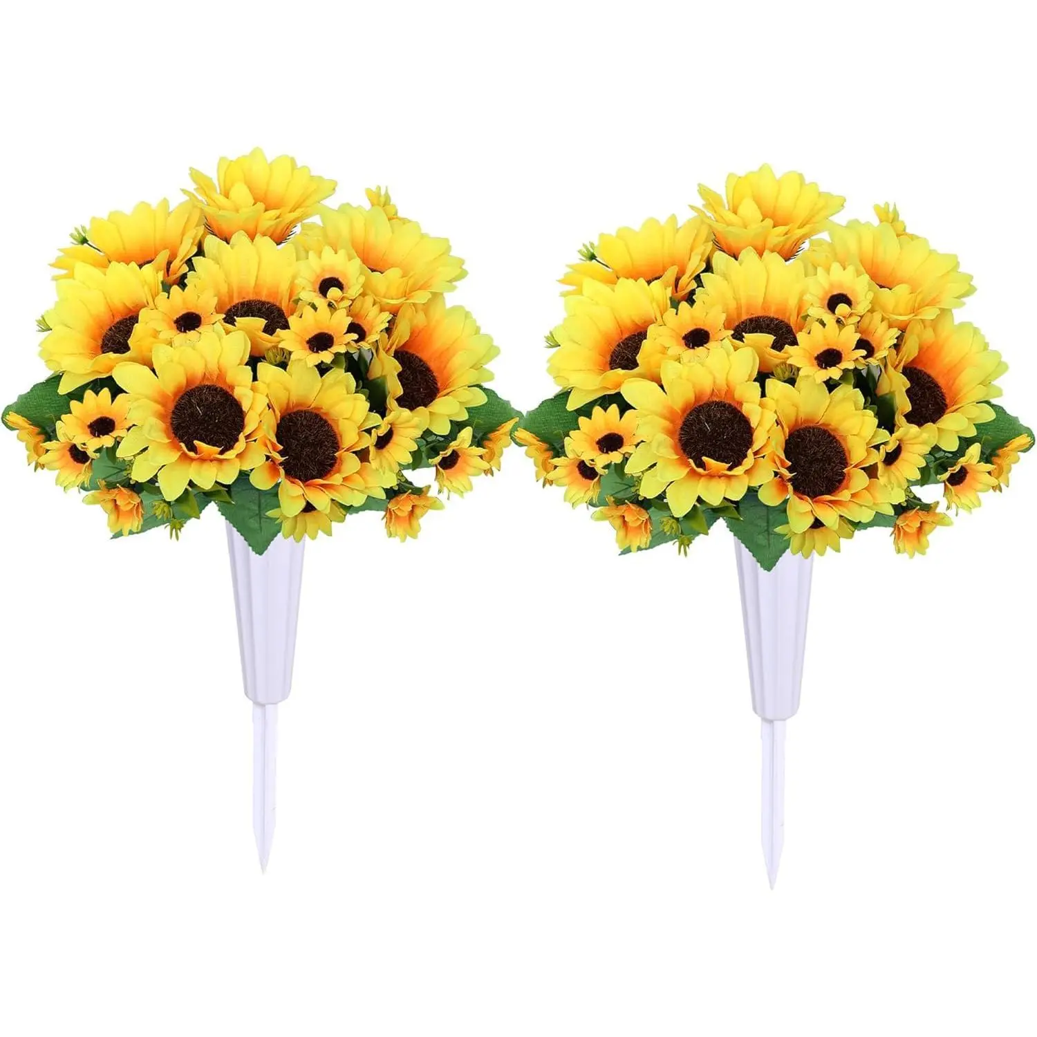 Artificial Cemetery Flowers for Grave Decorations 4 Sunflower Bouquets with 2 Vases & Spikes Lifelike Memorial Flowers for Cemetery Headstones Decoration ﻿ (Yllow)