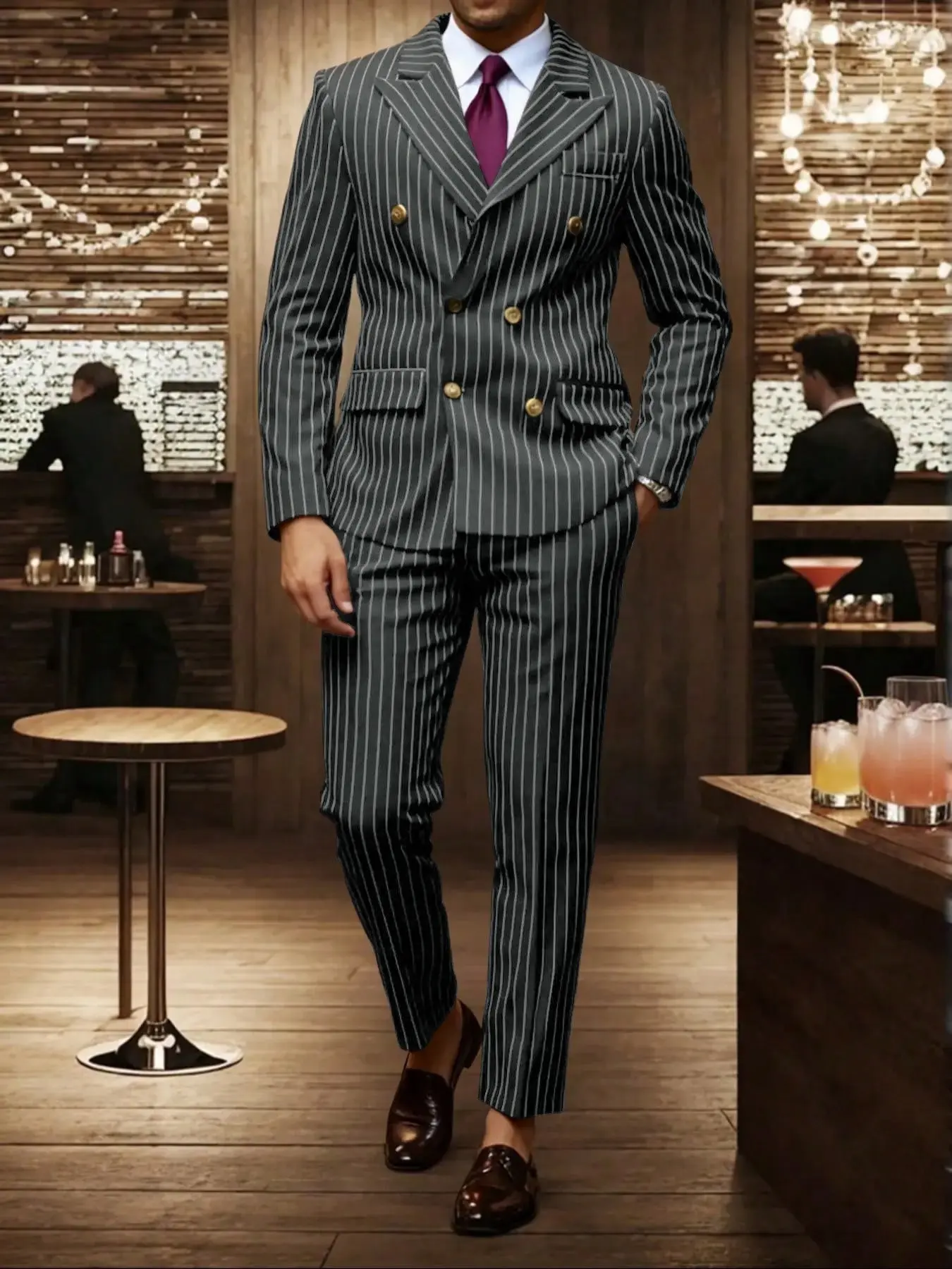 Men's Vintage Classic British Striped Blazer Set, Wine Fine Stripe Double Breasted Jacket with Pants, Fitted Formal Two-Piece Suit