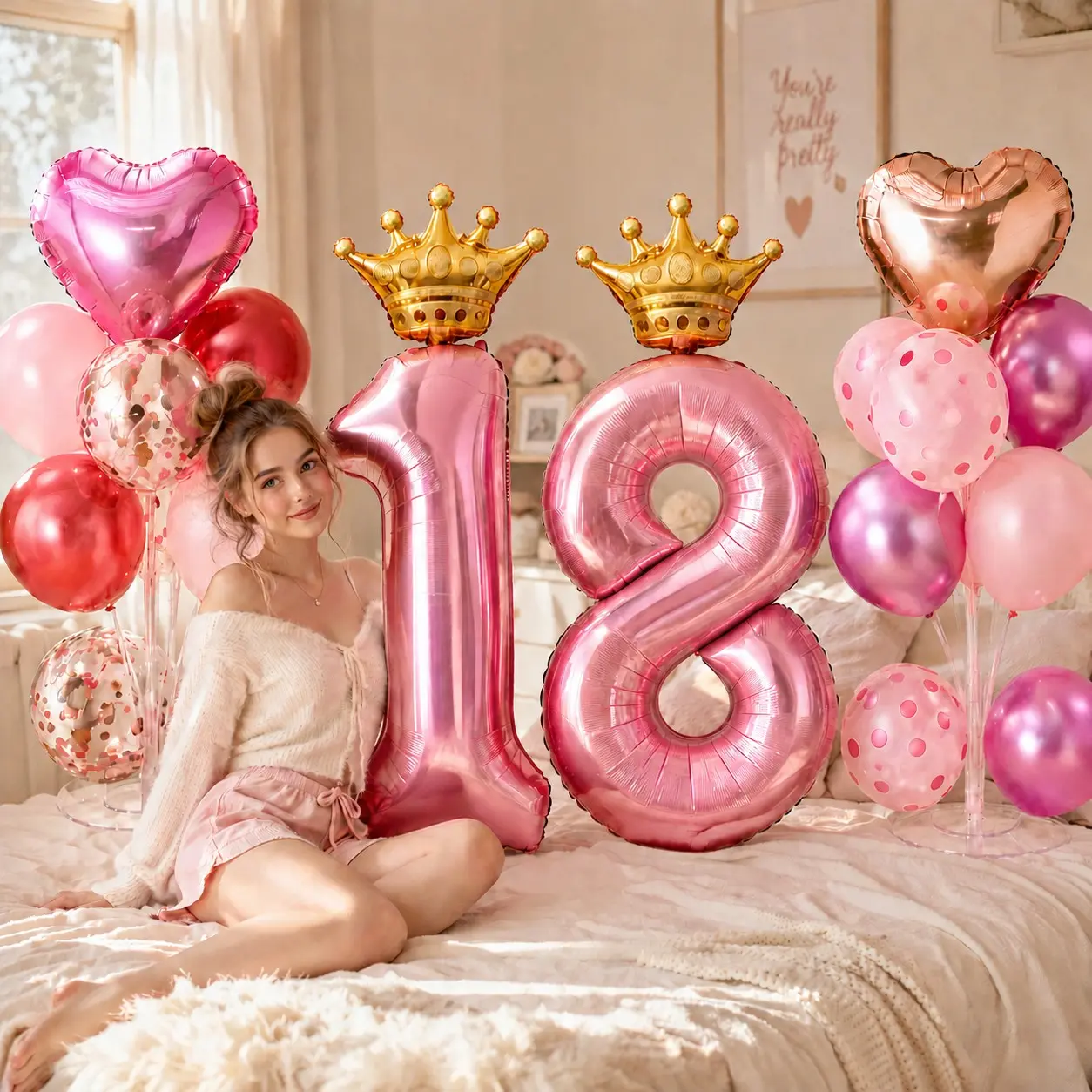 Crown Detachable 18th Birthday Table Balloon Set, Large Number 18 Desktop Decor, Twin Post Stand Kit, Sweet Cool Girl Party Photo Decoration