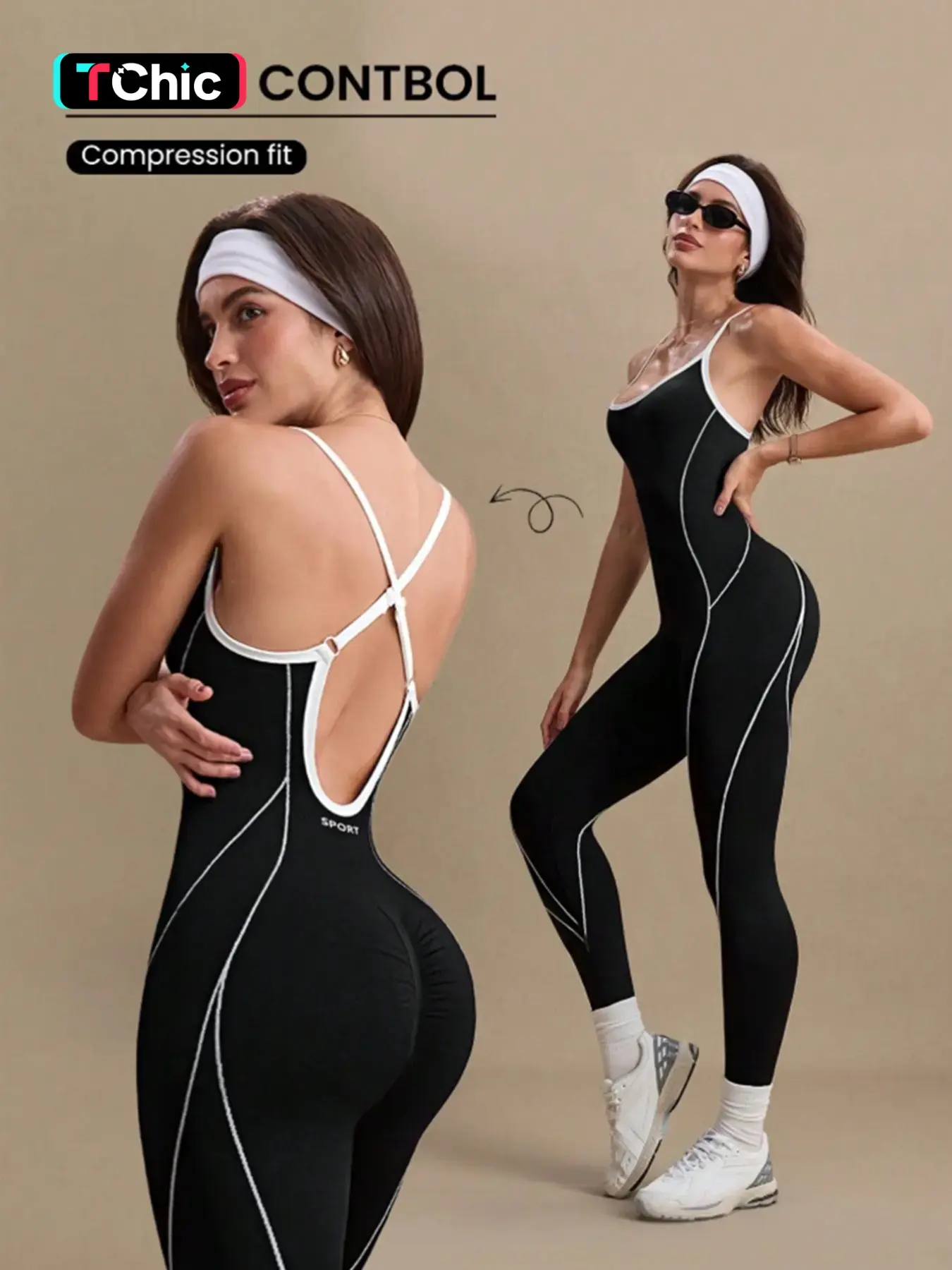 Women's Colorblock U Neck Adjustable Strap High Elastic Yoga Jumpsuit, High Compression Jumpsuit, Sporty Sleeveless Fitness, All Season Comfortable Wear, Sleeveless Workout Jumpsuit