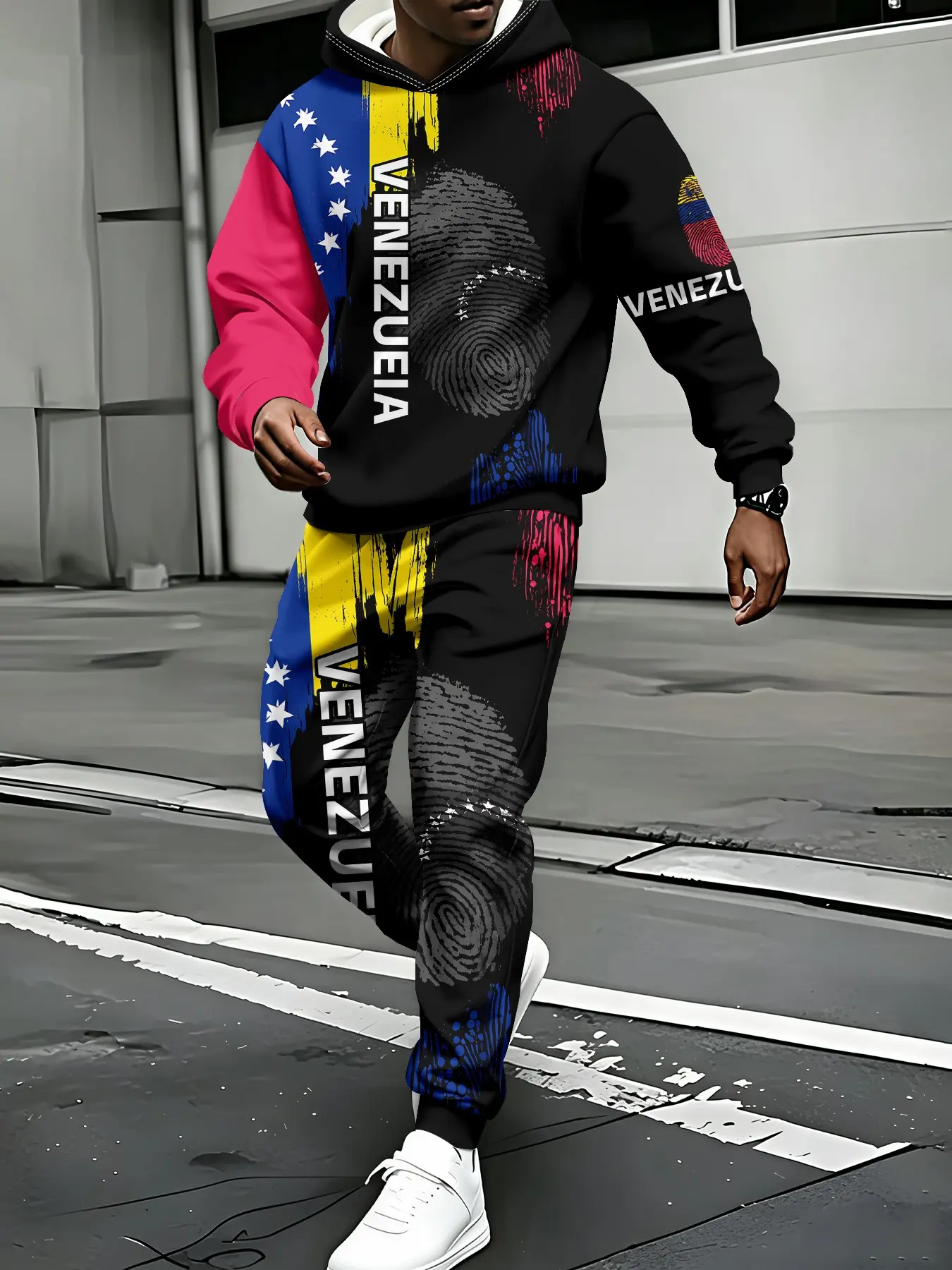 Men's Casual Long Sleeve Hoodie and Drawstring Pants Set, Venezuela Fingerprint Print, Full Print, Daily Wear, Comfortable