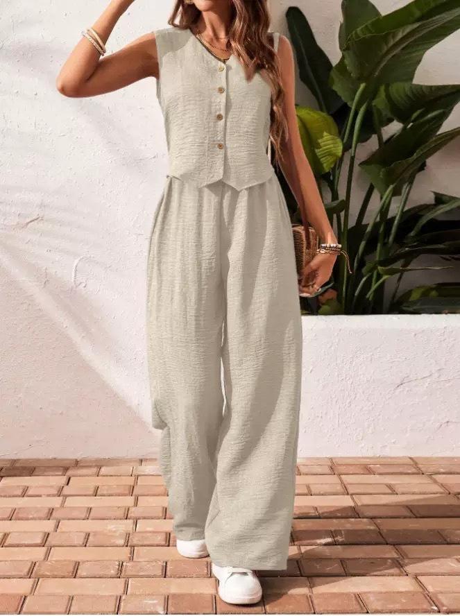 Women's 2 Piece Vest and Pants Set, Casual Button Down Waistcoat and Wide Leg Pants Matching Outfit