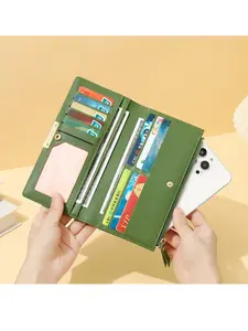 New Women's Long Wallet, Two-Fold Zipper Leather Money Clip, Large Capacity Multi-Card Slot, Handheld Silver Color Wallet
