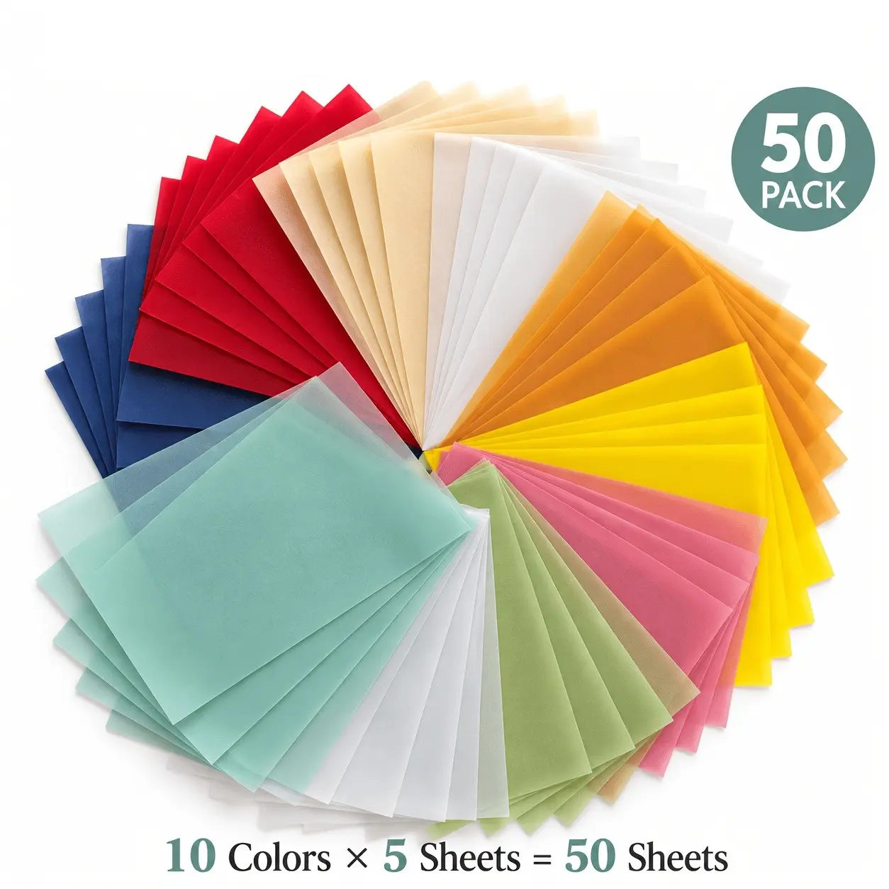 50 Sheets Colored Vellum Paper, 100 GSM Printable Translucent Sheets, 10 Colors × 5 Sheets Each, for Wedding Invitations, Tracing, DIY Crafts & Scrapbooking