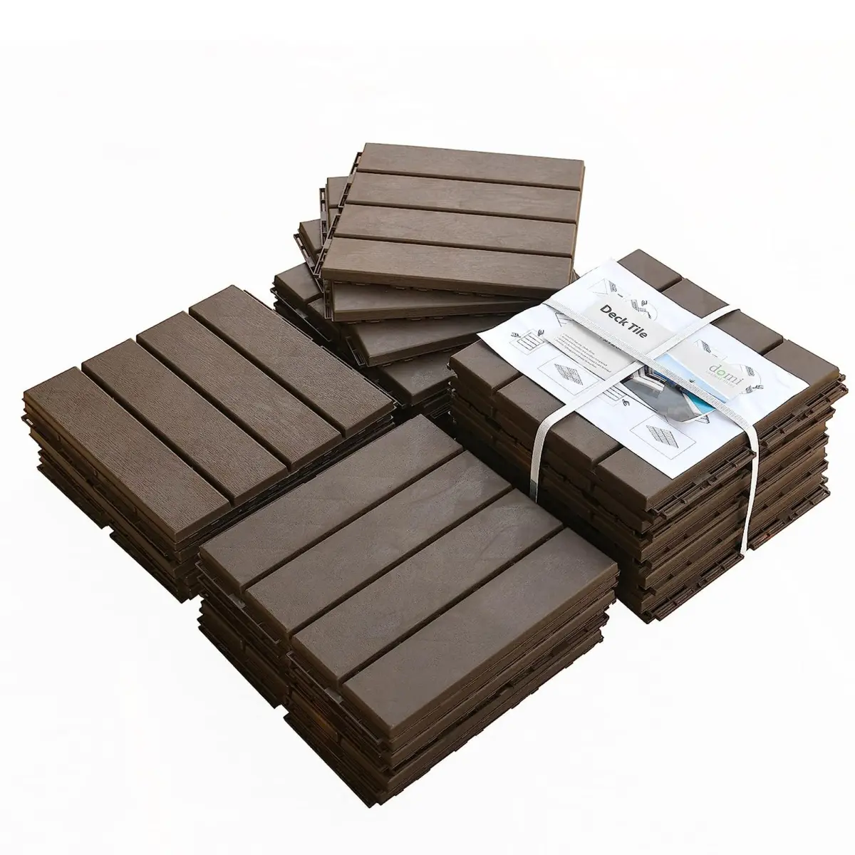 Patio Interlocking Deck Tiles, 12"x12" Square Composite Decking Tiles, Four Slat Plastic Outdoor Flooring Tile All Weather for Balcony Porch Backyard (Dark Brown, Pack of 9)