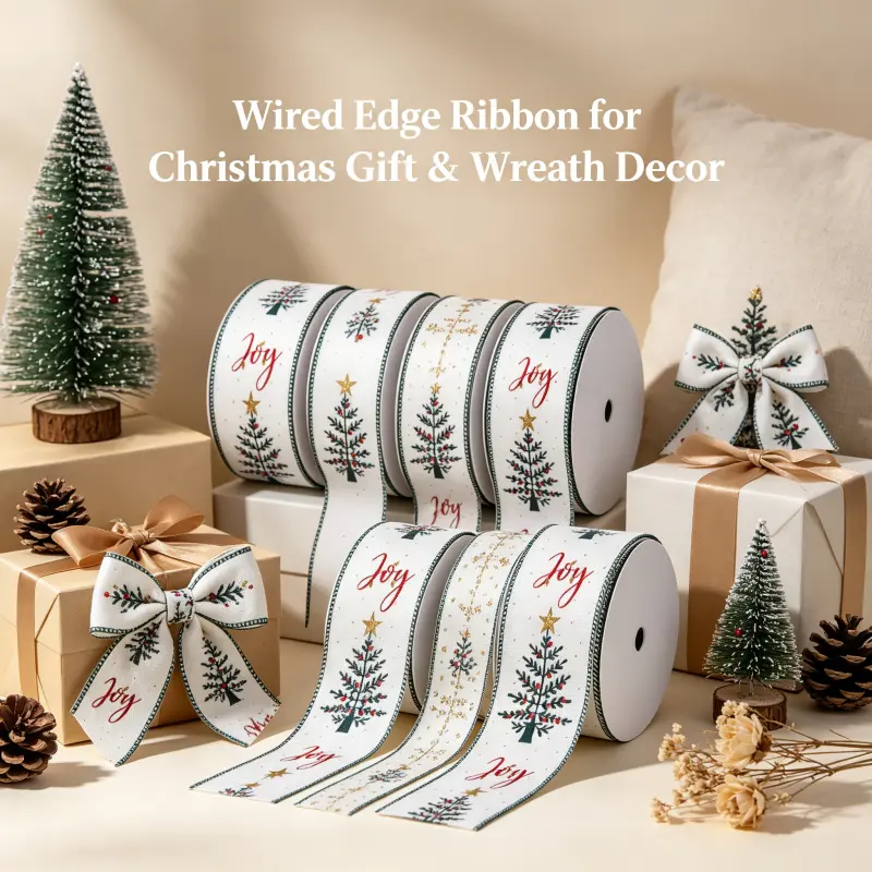 Farmhouse Christmas Wired Ribbon  2.5in 10Y Joy Letter Christmas Tree Ribbon for Xmas Tree Wreath DIY