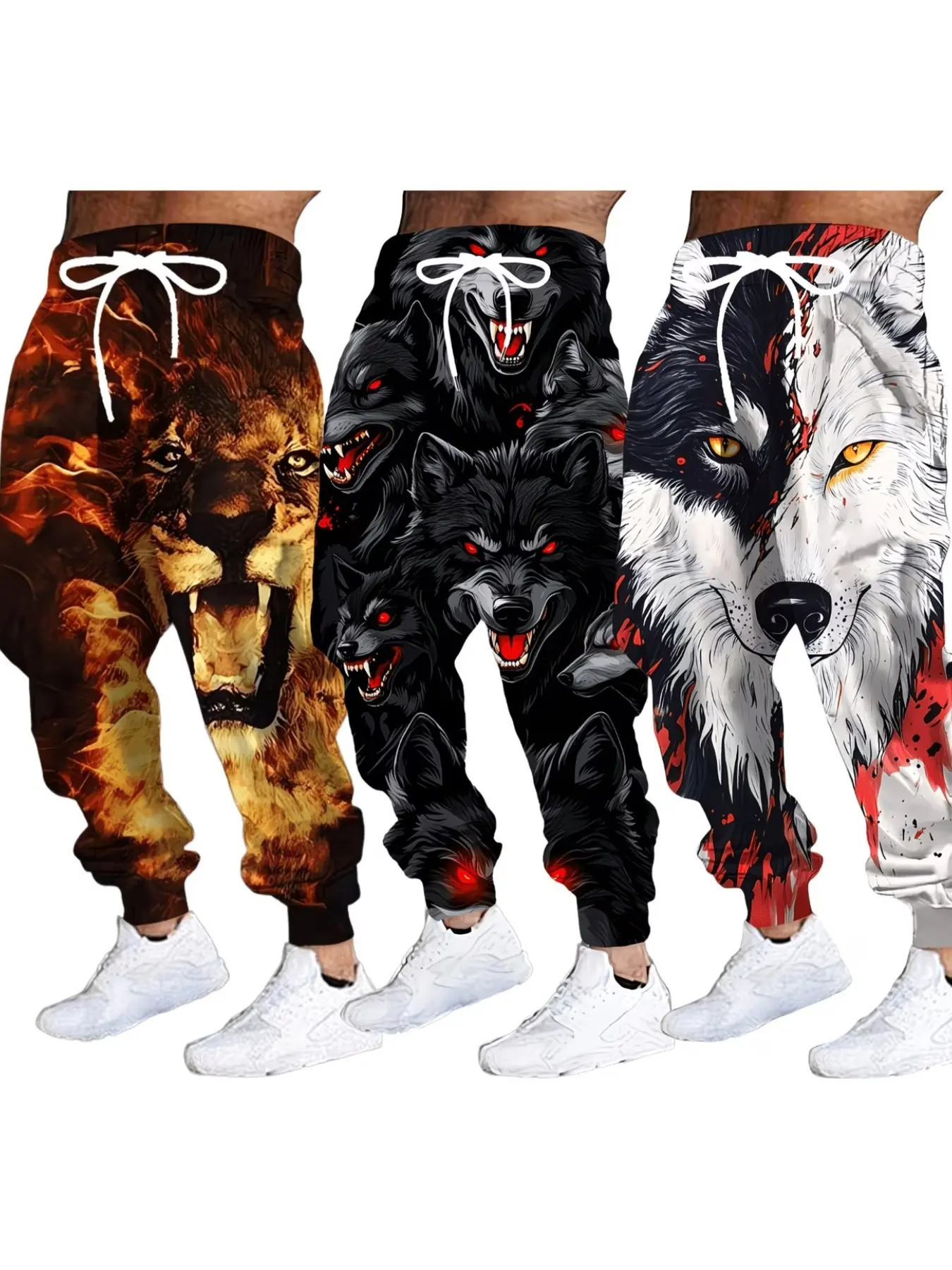 3 Piece Set Men's Lion Wolf Pattern 3D Printed Jogger Pants, Loose Fit Sportswear, Casual Ankle-Length Long Pants for All Seasons