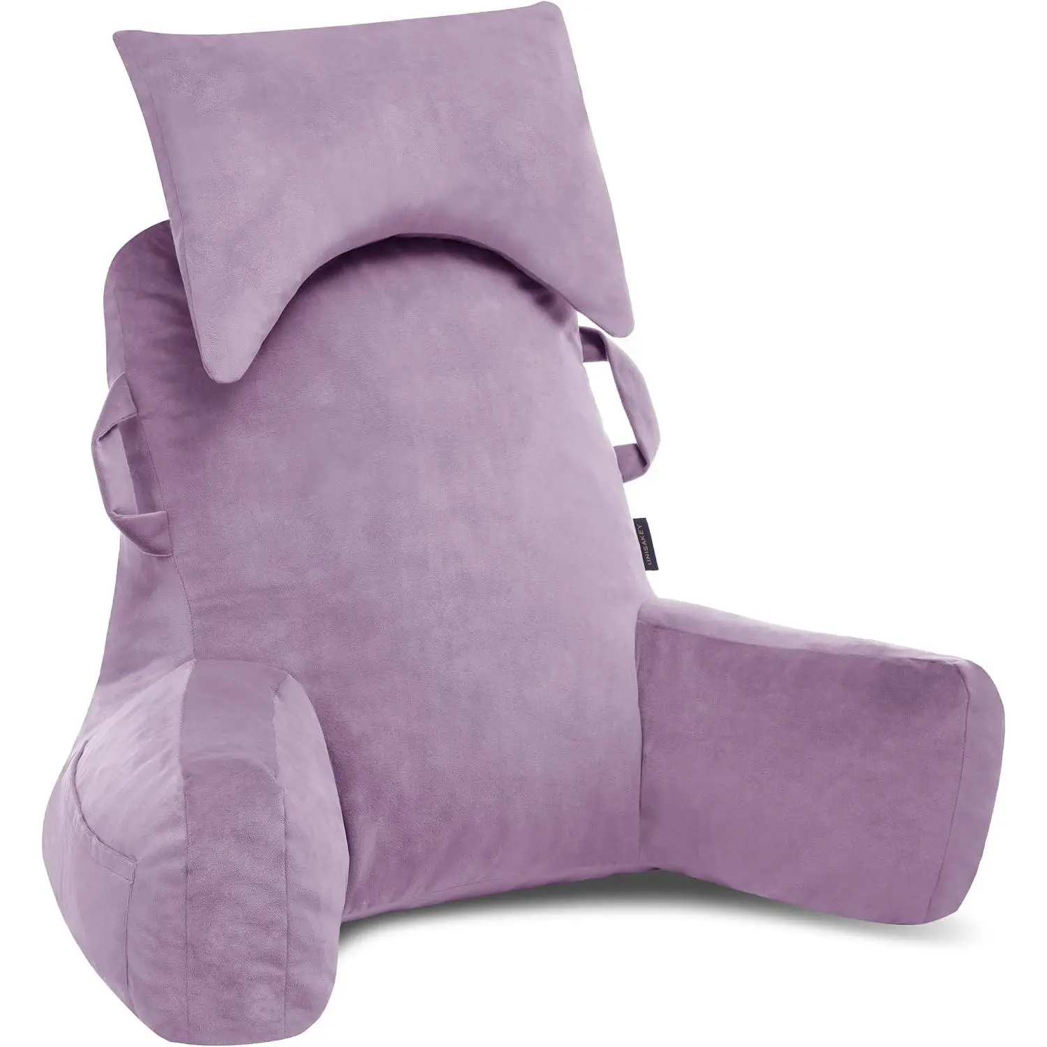 Portable Reading Pillows with Headrest for Bed Sitting Up(Lavender Purple Oeko-Tex), Velvet Back Pillow with Arms & Pockets for Adults, Support Memory Foam Bed Pillow for Dorm/Reading/Gaming
