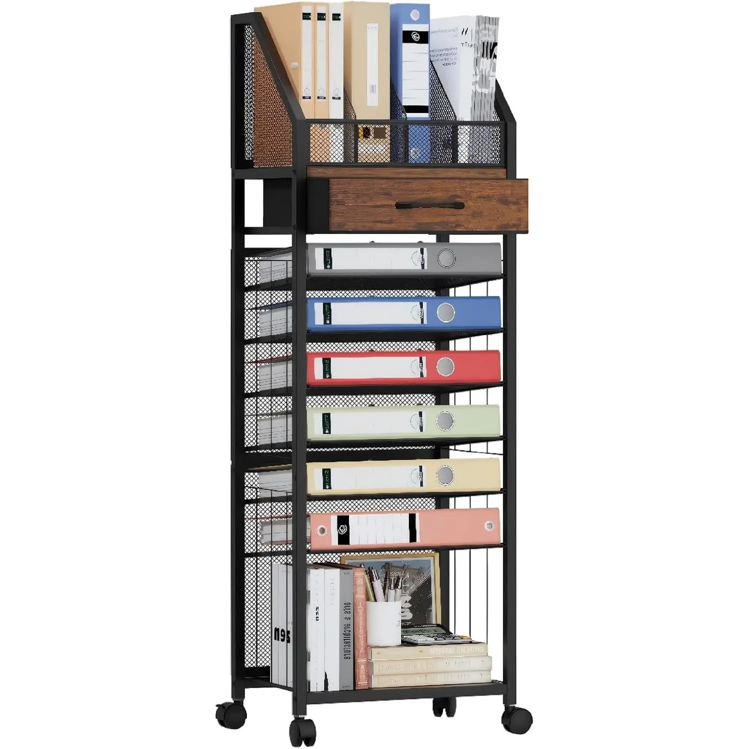 9-Tier Rolling File Cart Paper Organizer with Drawer and Trays Wood Desk Office Organizer for Binder Storage Ideal for Workspace Home School Espresso