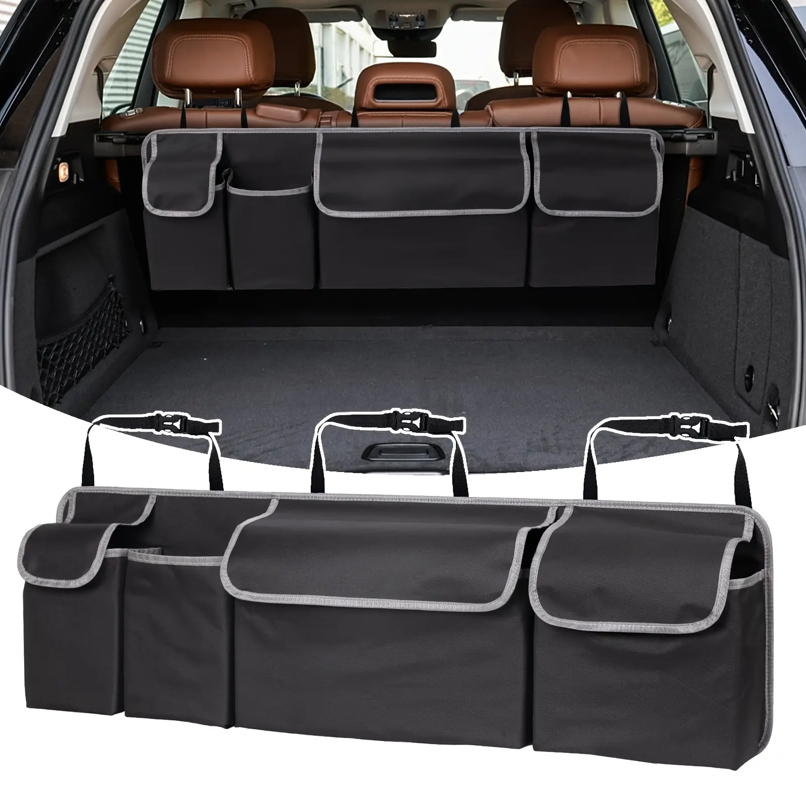 Car trunk storage organizer Car Accessories Interior with spacious rear seat suspension, three adjustable shoulder straps and four pockets for SUVs, trucks and MPVs