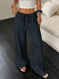 Linen Elastic Waist Drawstring Wide Leg Pants, Casual Loose High Waist Trousers, Breathable Textured Flowy Linen Pants, Streetwear & Everyday Summer Bottoms for Women