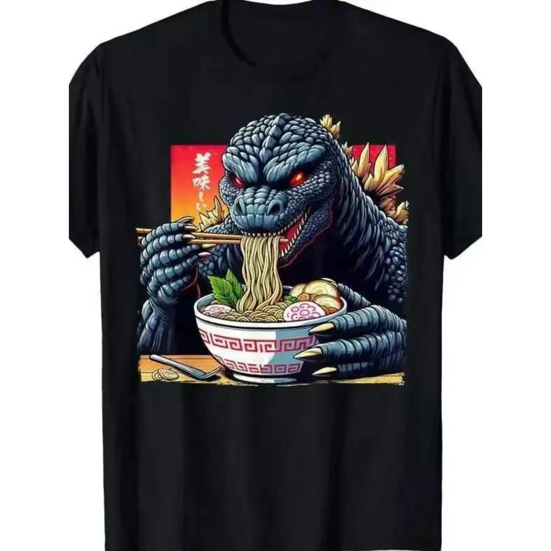 Godzilla Eating Ramen Print T-Shirt, Streetwear, 2026 Summer New Loose-Fit Soft Breathable Short Sleeve Top, Long Clothing, Printed Pattern, No Ca Prop 65 Re/ca