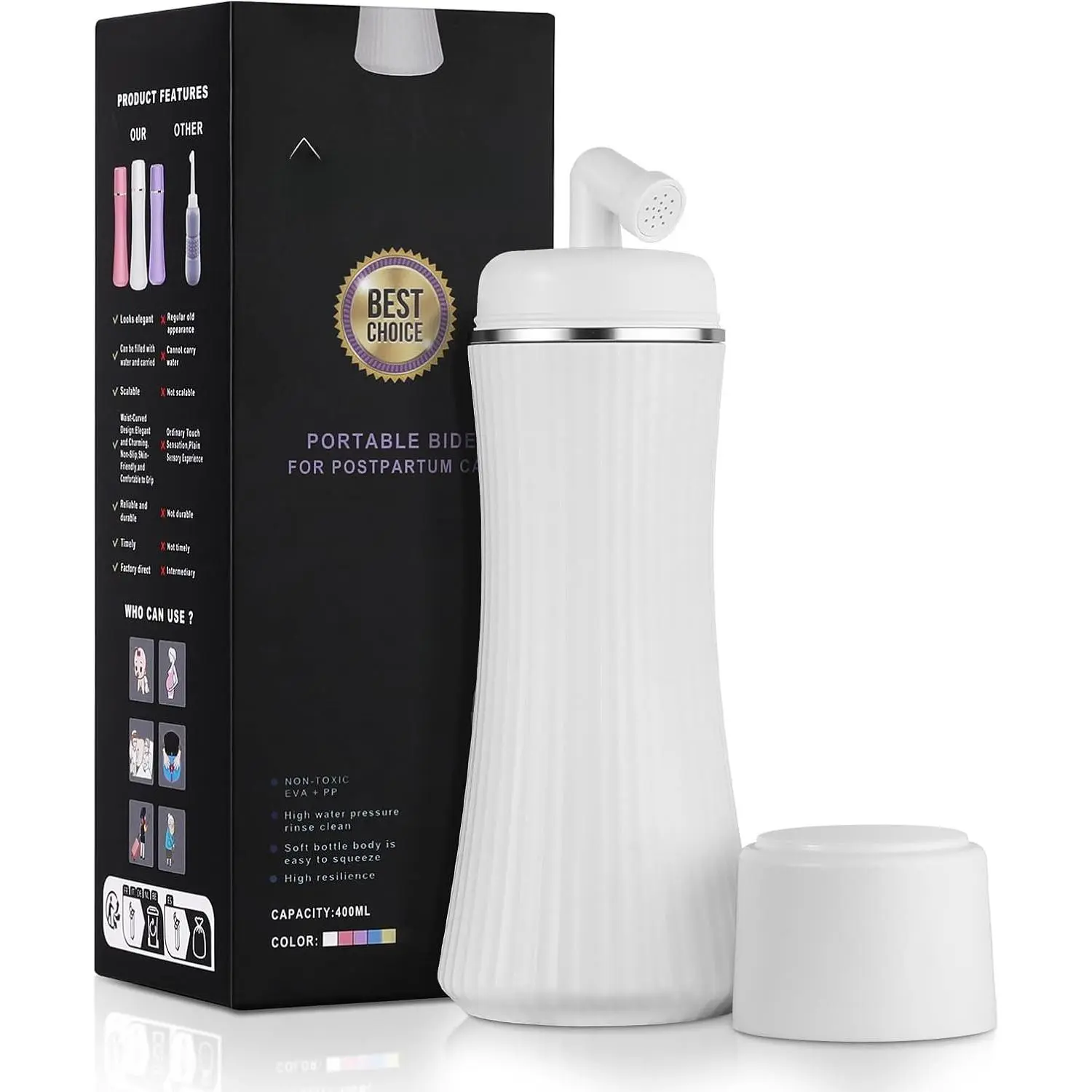 Peri Bottle ,Upgrade 400ml Portable Bidet with Extendable Sprayer for Travel & Camping,3 Leak-Proof Seals, Essentials for Mom (White)