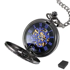Men's Vintage Black Hand-Winding Mechanical Pocket Watch Sweater Chain Steampunk Skeleton Design
