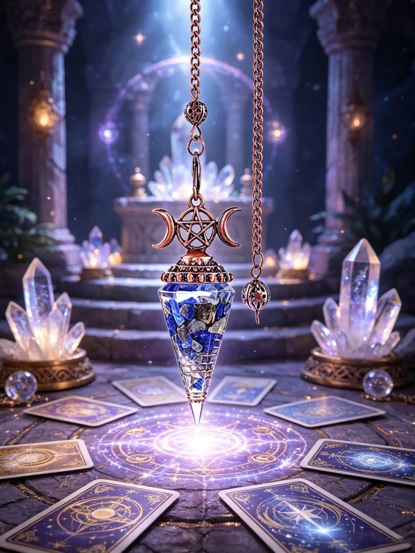 Natural Crystal Shard Chip Three-Phase Moon Pentagram Copper Pendulum Pendant, Meditation Chakra Balancing Energy Resin Spiritual Healing Crystal Oracle Wheel, Tarot Magic Witch Yoga Spirit Field, Healing Stone Pendant