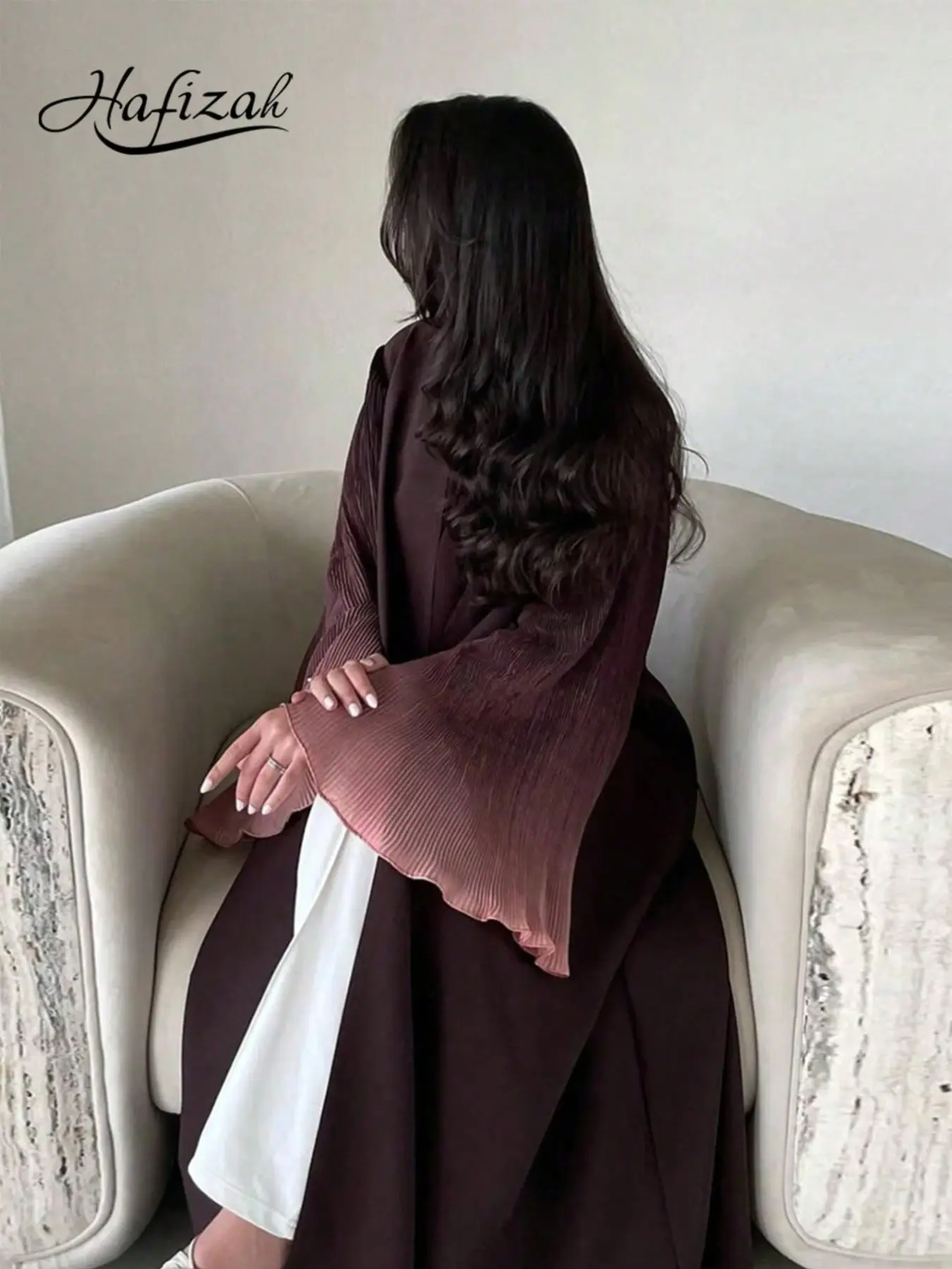 Hafizah Gradual Pleat Ruffle Bell Sleeve Long Cardigan, Loose-Fitting Smooth Flowing Outerwear for All Seasons, Women's Elegant Office Wear Chic Office Style Commuter Jacket Clothes