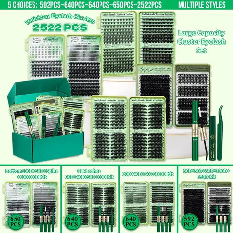 2522/650/640/592 Pcs EyelashCluster Kit, Cosmetic, D Curl 14 Styles Cat/Wispy/Manga/Volume/Bottom/Spike Lashes, Kit with Bond&Seal Lash Remover Lash Applicator, Perfect for Beginners&Proficient, DIY at Home, Easy Apply for Makeup Daily