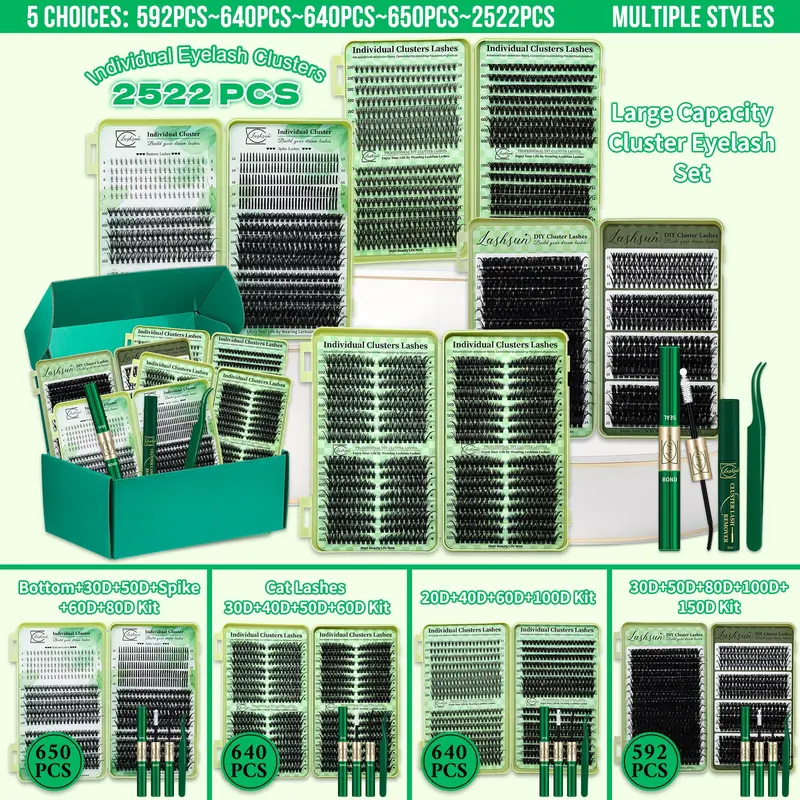 2522/650/640/592 Pcs EyelashCluster Kit, Cosmetic, D Curl 14 Styles Cat/Wispy/Manga/Volume/Bottom/Spike Lashes, Kit with Bond&Seal Lash Remover Lash Applicator, Perfect for Beginners&Proficient, DIY at Home, Easy Apply for Makeup Daily
